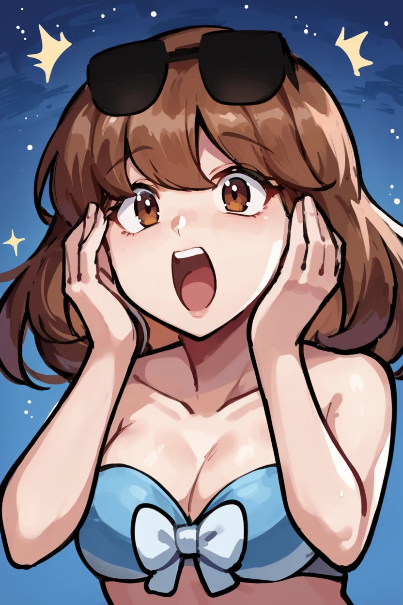 zPDXL3, score_9, score_8_up, source_anime, 1girl, solo, <lora:Pokemon_Swimmer_ORAS:1>, orassw1mmer, sunglasses on head, brown hair, blue bikini, strapless, upper body, hands on face, surprised, open mouth, looking up, nighttime, starry sky,