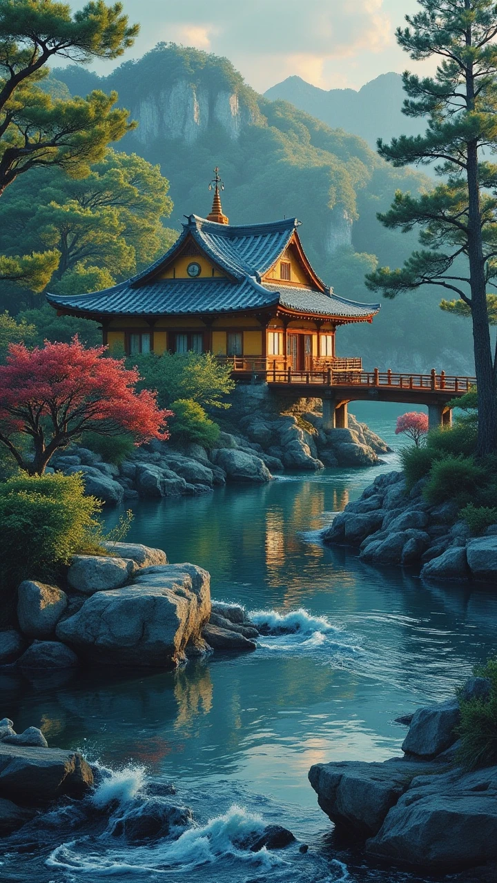 Jedhydipa, a colorful Japanese lake house surrounded by rocks, water, plants, a bridge,the atmosphere of the picture is magical and warm, <lora:realdigitalpainting:0.8>,