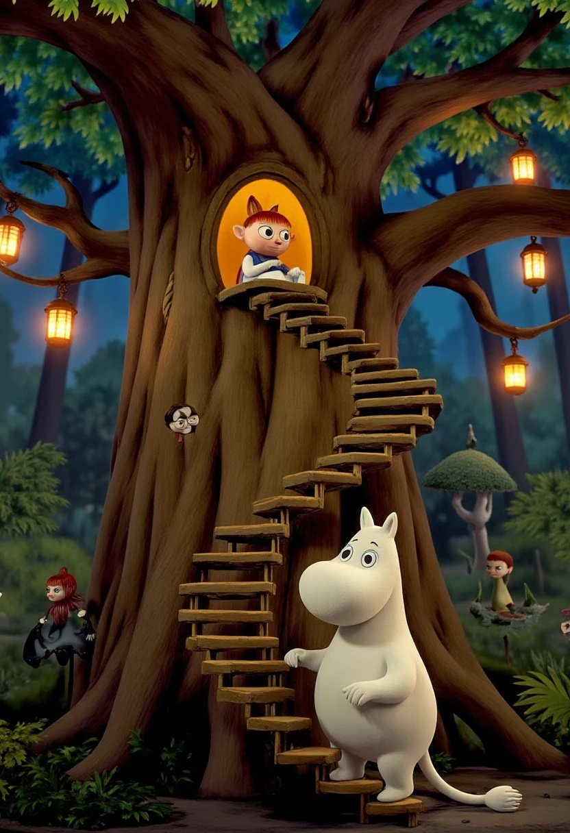 MoominWorld  Moomintroll climbing a winding spiral staircase carved into the trunk of an enormous tree, with glowing lanterns hanging at different heights and casting soft shadows on the bark, creating a layered, almost diorama-like depth in the scene.