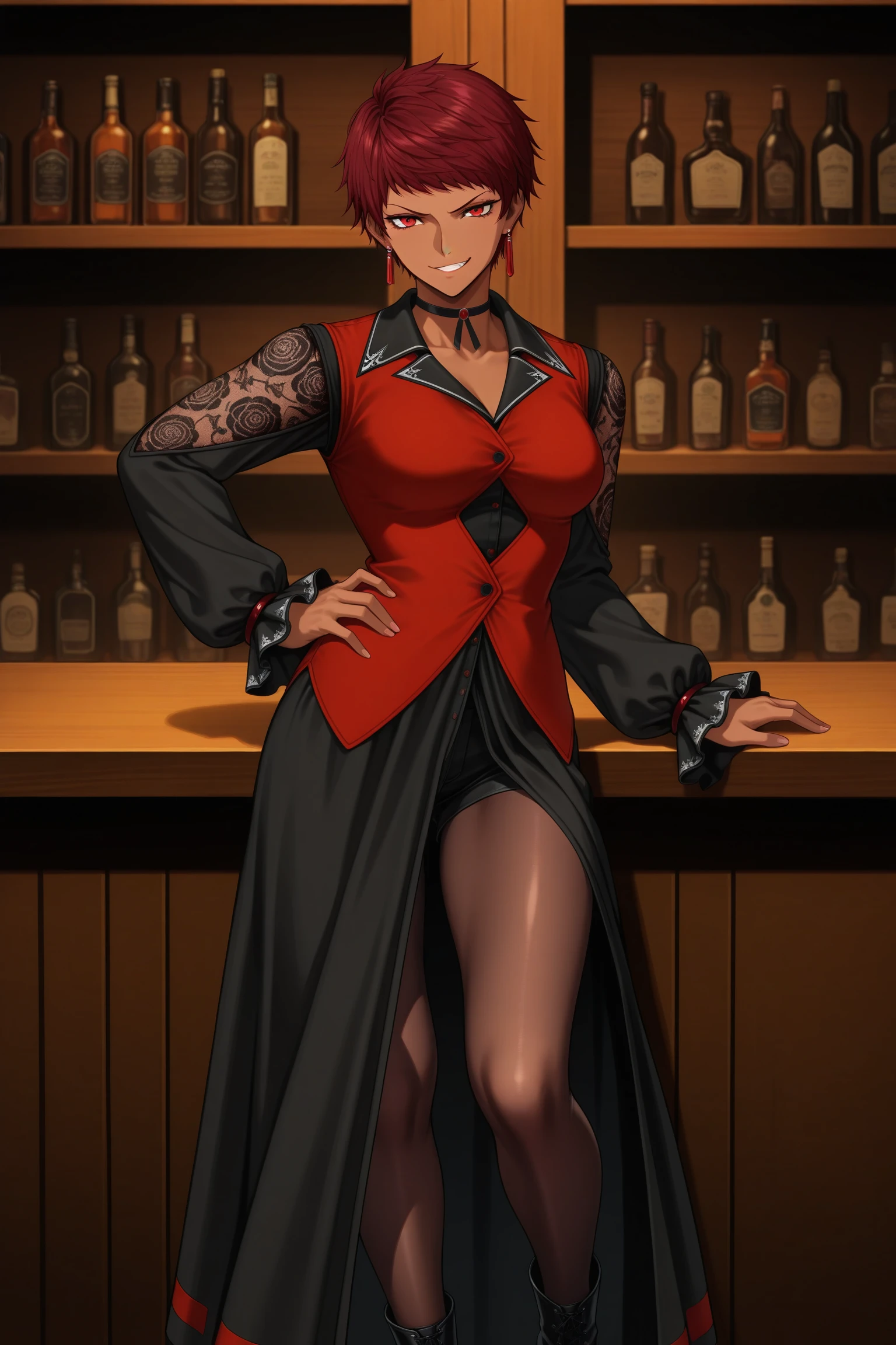 masterpiece, best quality, amazing quality, highres, absurdres, very aesthetic, high resolution, ultra detailed, perfect details, 1girl, looking at viewer, indoors, bar_(place), medium breasts, vice (kof), red hair, short hair, red eyes, dark-skinned female , red earrings, black dress, long dress, long sleeves, choker, red vest, clothing cutout, fishnet sleeves, frilled sleeves, front slit, black pantyhose, pantyhose under shorts, black shorts, short shorts, black footwear, high heel boots, <lora:Vice_KOF_XV_ILXL:0.8>, (aged up:1.5), (feet out of frame:1.5), anime coloring, anime screencap, (pose:1.3), smirk, teeth