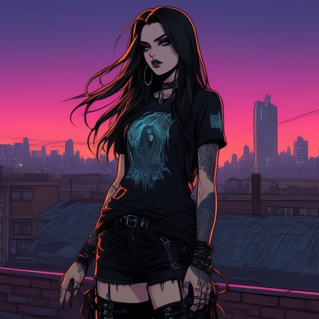 Gothic style  <lora:Gothicanimegirls:1>A tattooed dark fantasy woman standing triumphantly on a rooftop, her long hair whipping in the wind. She wears a tattered band tee and combat boots, with a cityscape illuminated by neon signs stretching out behind her. The shot is taken from a side angle at sunset, with her shadow stretching dramatically across the rooftop. Ultra detailed textures and colores, highly vibrant image. . Dark, mysterious, haunting, dramatic, ornate, detailed