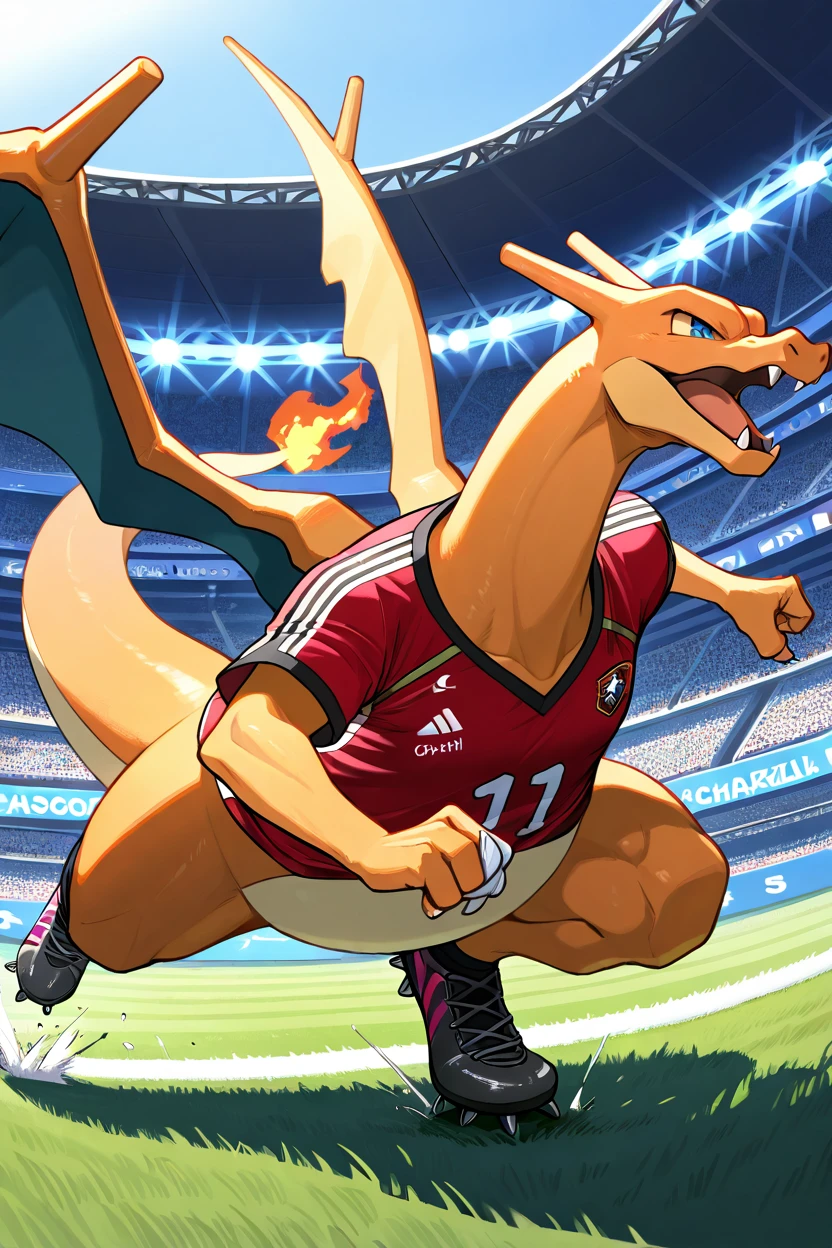 masterpiece, best quality,   <lora:CharizardPokedexIXL:1.0>,   no humans, solo, dynamic pose,  Charizard wearing soccer uniform, cleats, goalpost, cheering crowd, action-packed field, dynamic kick, teammate in motion, stadium light