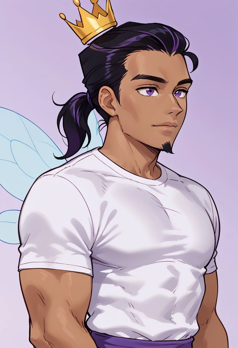Juandissimo Magnifico, Tan skin, purple eyes, male, facial hair goatee, muscular, long ponytail, black hair, fairy wings, one crown, white shirt, short sleeve,, solo, portrait,