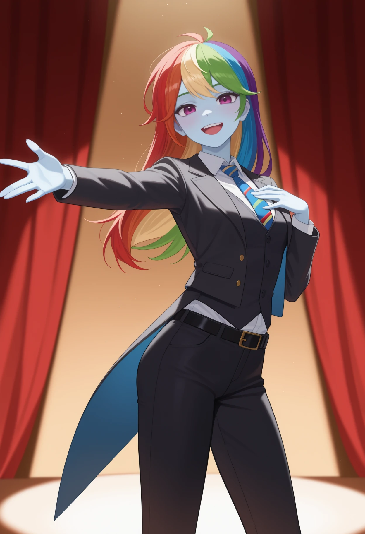 masterpiece, best quality, <break> solo, 1girl, rbwdsh, blue skin, :d, upper teeth only, looking at viewer, standing, hand on own chest, outstretched arm, long hair, rainbow hair, green hair, blonde hair, red hair, blue hair, purple eyes, black coat, tailcoat, open coat, coattails, long sleeves, black vest, white shirt, collared shirt, diagonal-striped necktie, blue necktie, black pants, black belt, stage, spotlight, curtains
<segment:yolo-Anzhc Face seg 640 v2 y8n.pt,0.4,0.5//cid=1>