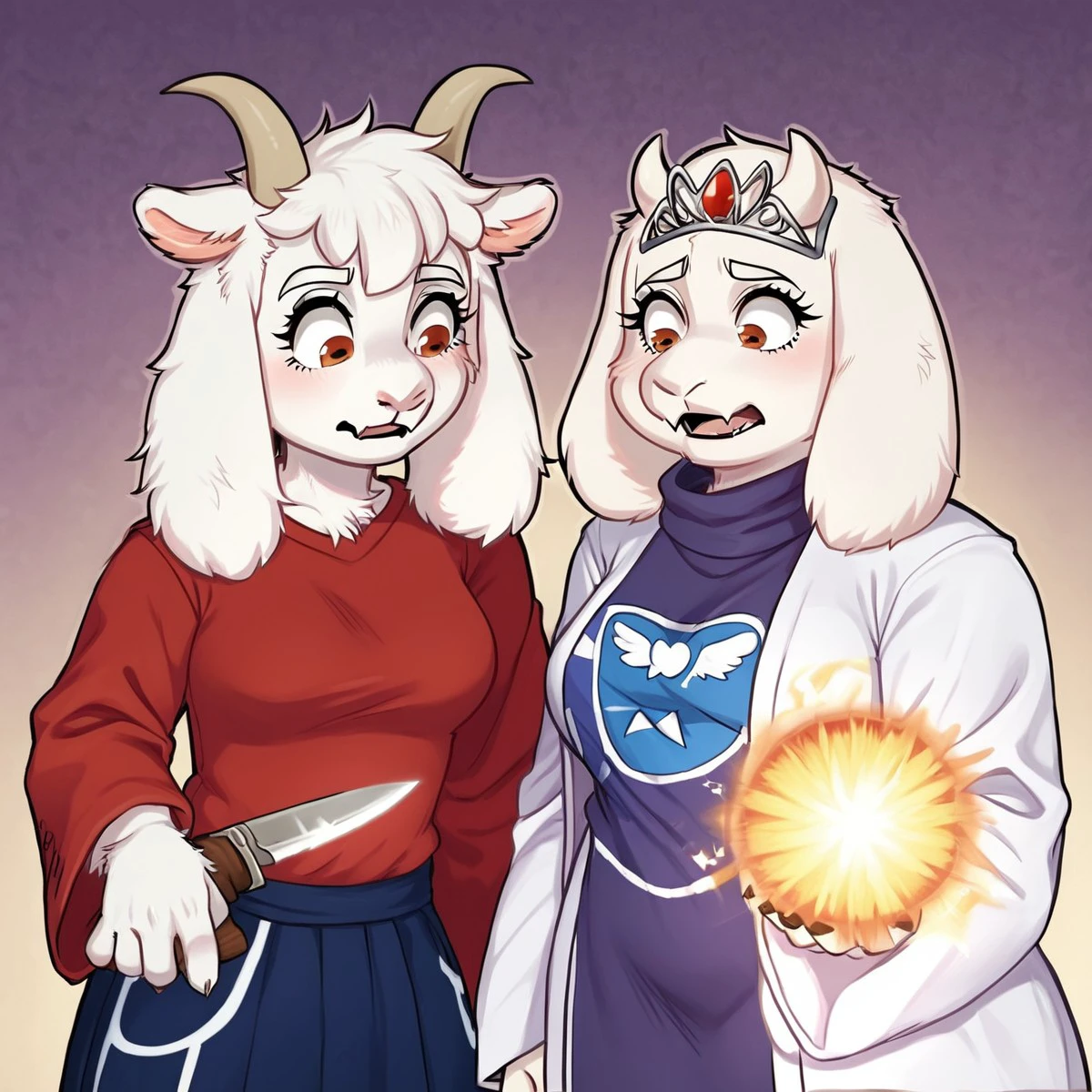 mother_goat_mlg,goat, goat girl, furry, furry female, mature, mature female, big tits, tall,
2girls, duo, 2 goat girls toriel and mariko using weapons,
toriel uses a purple robe with white sleeves and she's chubby and has red eyes,
mother goat uses a red blouse with blue skirt and a tiara with medium white hair  and she's skinny and tall and has orange eyes,
weapons,knife, grim,evil grim,
( art by masami chie ) ,,
 <lora:Toriel_Undertale_Pony_SDXL:0.3> toriel_undertale, 
<lora:Mother_Goat_My_Little_Goat:1> mother_goat_mlg