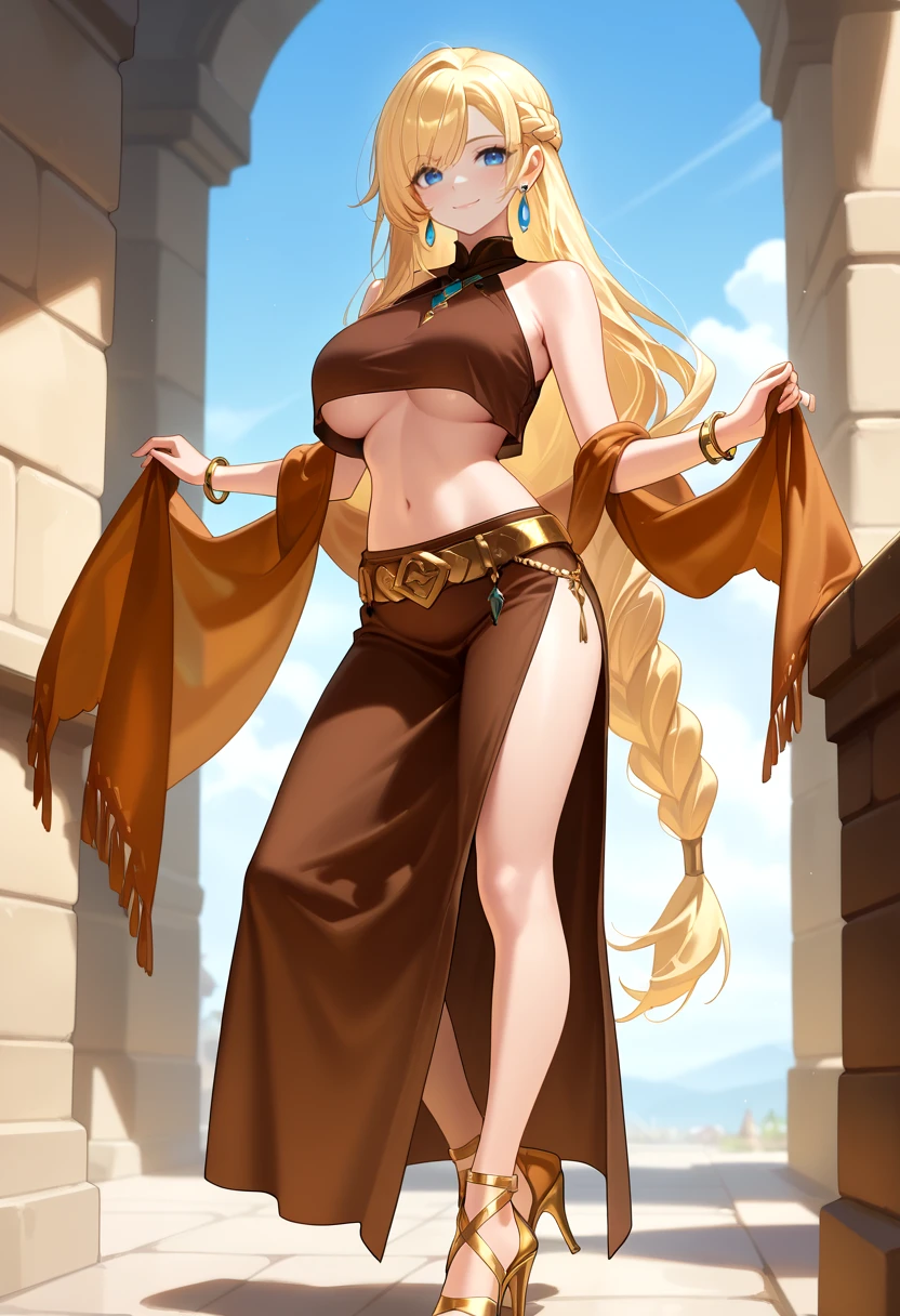 masterpiece, best quality, 1girl, solo, blonde hair, low-tied long hair, braided ponytail, very long hair,  french braid, blue eyes, bare shoulders, bracelet, crop top, earrings, brown crop top,  brown long skirt, side slit, midriff, navel, shawl, side slit, sleeveless croptop, crop top overhang,  gold belt, <lora:fftdnc-initium-ilxl:1>, smile, underboob, high heel sandals, gold footwear,