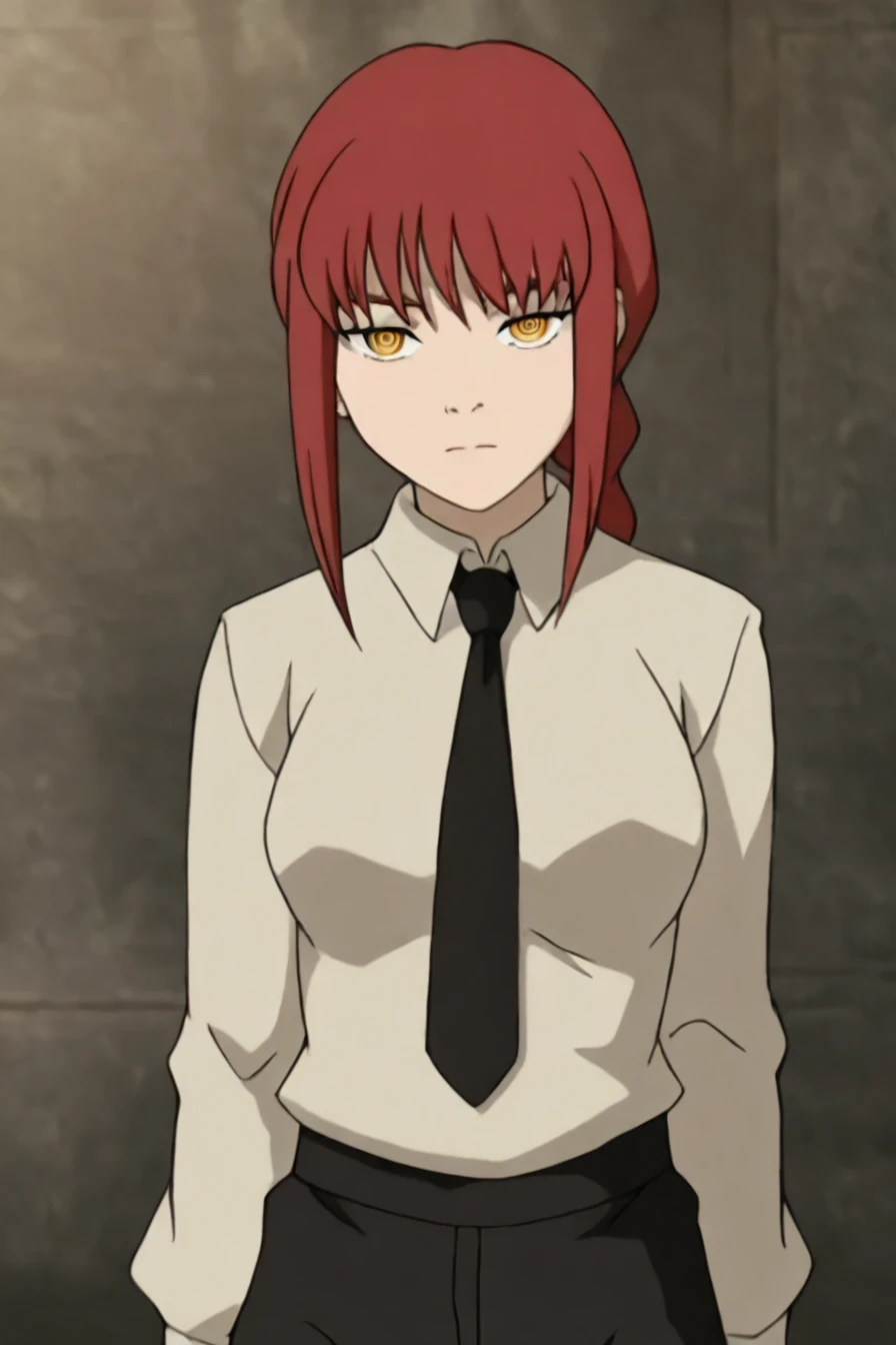 <lora:mak1ma0XL_Pony_v1:0.6> , mak1ma0, (makima:0.8), red hair, long hair, ringed eyes, braid, white collared shirt,black necktie, black pants, 1girl, solo, alone, <lora:avatar_the_last_airbender_style_illustriousXL:1>, avatar_last_airbender_style, masterpiece, highres