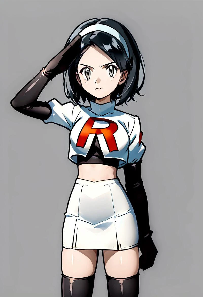 {FemEthan, FemGold, black hair, adult:1.5, medium length hair, hairband, grey eyes, 1woman, solo, full body render, salute, Cosplay_TeamRocket, team rocket uniform, white jacket, cropped jacket, white skirt, elbow gloves, black thighhighs, zettai ryouiki, }
simple background, gray background, flat background, 4kFacePonyXL