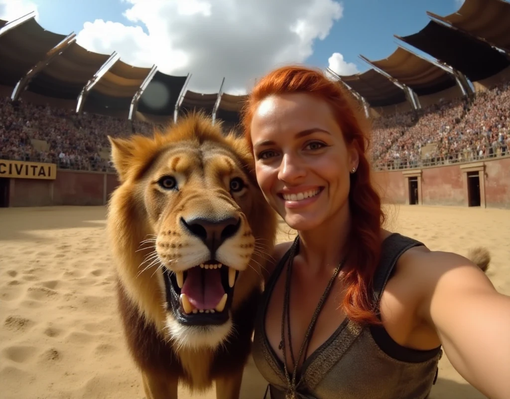 <lora:Gladiator_style:0.8> gladiator style, gopro hero selfie of a smiling muscular redhead woman posing with a lion in an  arena. A sign says "CIVITAI"