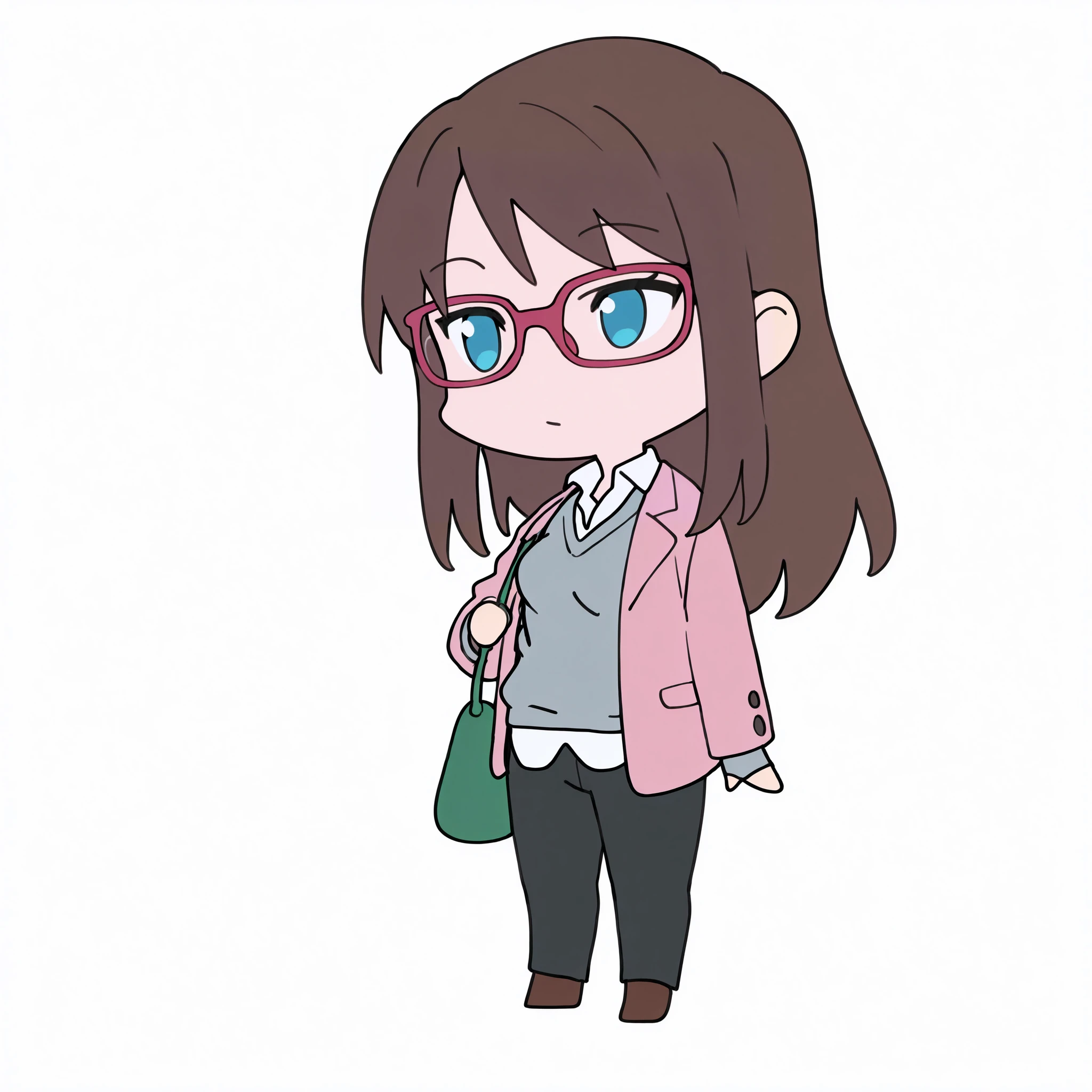 masterpiece, best quality, 2d, flat color, chibi, mari-end <lora:Degen_Mari_End_Illustrious_v1:.9> brown hair, glasses, joyful, red-framed eyewear, pink jacket, grey sweater, breasts, collared shirt, untucked shirt, pants, gold jewelry, brown footwear, solo, standing, white background, blue eyes, green purse,