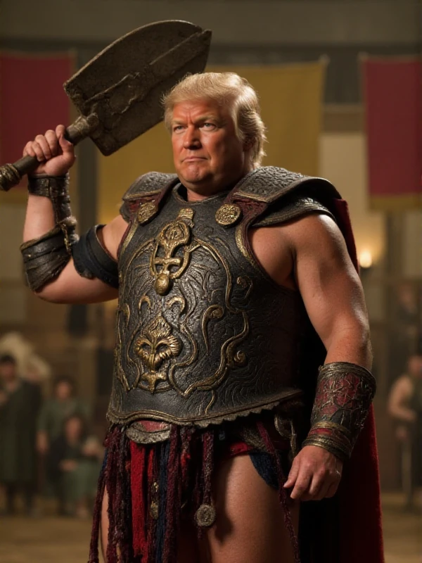 <lora:Gladiator_style:0.8> gladiator style, a fat Donald Trump wears an armor in a McDonalds and holds a weapon