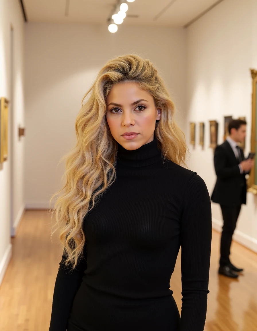 woman, shakira, Standing in a modern art museum wearing a black turtleneck, <lora:shakira:1>