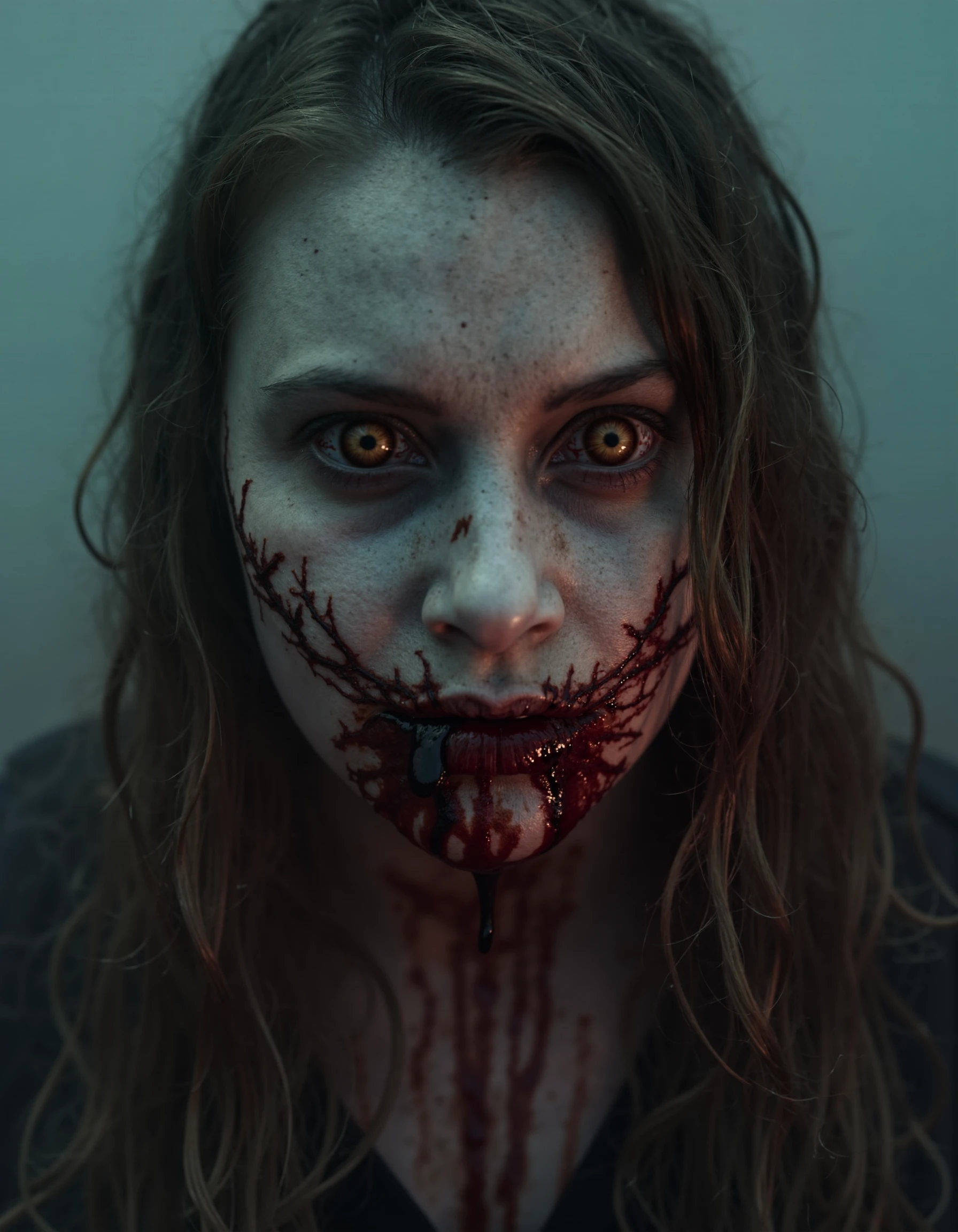 A close-up shot of a woman with pale skin and long brown hair, her glowing yellow eyes radiating malice as she stares directly at the camera. Blood streaks her face, and her cracked lips whisper the forbidden word "Kunda." The word is etched in her skin like scarred runes along her cheek, pulsing faintly as if alive, adding to the terror of her expression. The background is a swirling fog, dimly lit by flickering red light, as the atmosphere grows oppressive and claustrophobic.