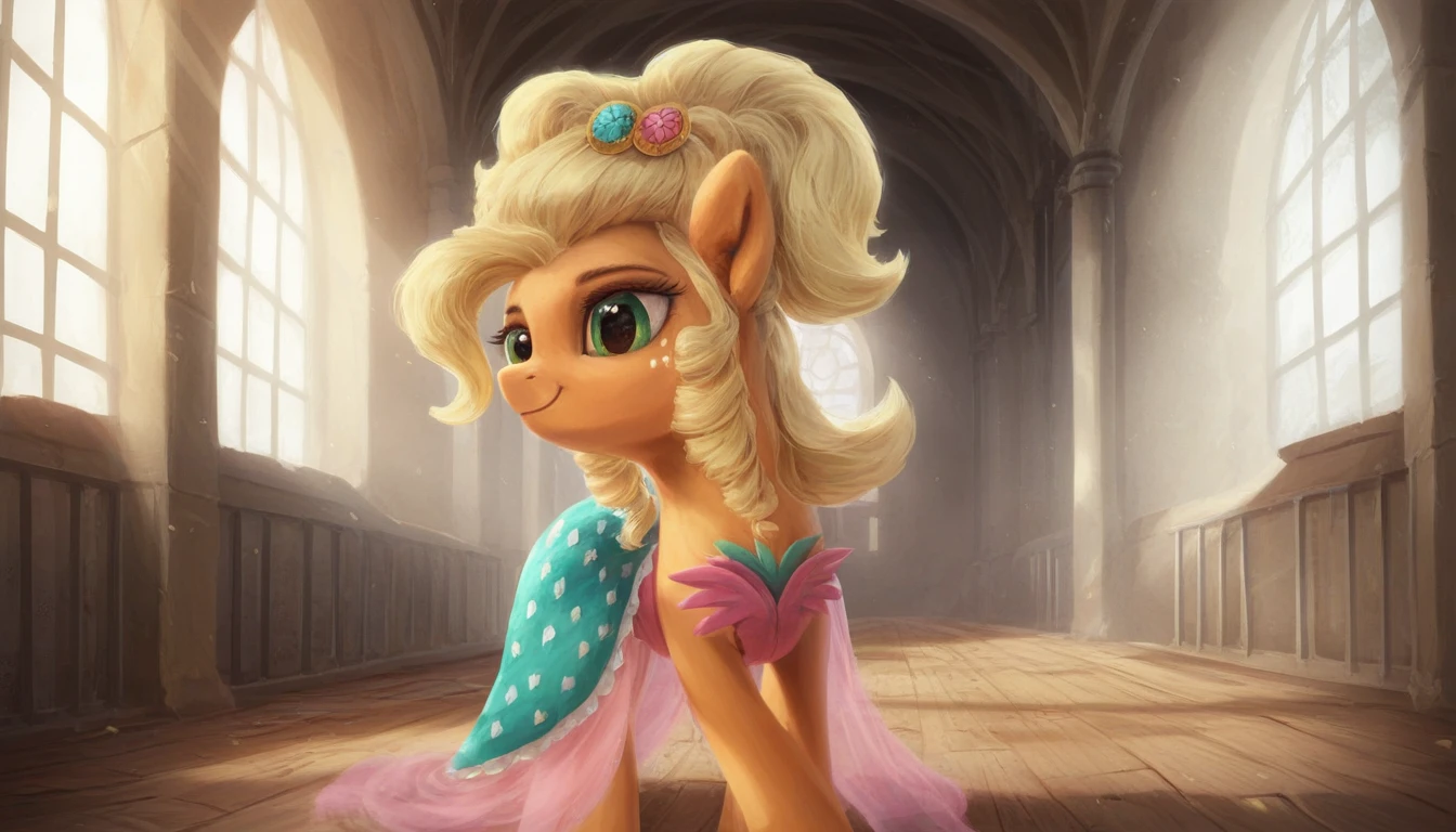 my little pony, ((feral pony))Applejack
<lora:Applejewel:1>a pink dress with a blue pattern and green elements, a lush blond mane with curls, decorated with a hairpin with multicolored stones,
score_9, score_8_up, score_7_up, score_6_up, score_5_up, score_4_up, rating_safe,  an abandoned castle-like building, the room is in semi-darkness and pierced by rays of light shining through the high arched window openings, a wide staircase leading upwards to the altar, the staircase is decorated with an elegant baluster railing. Everything is covered with layers of dust and covered with vegetation,, mlp (( pony, little, )), (high quality, detailed, beautiful), shiny, adorable face, detailed beautiful eyes, realistic, outstanding, contrast, detailed soft lighting, fluff in ears, ((pony,)), (high quality, detailed, beautiful), shiny, adorable face, detailed beautiful eyes, realistic, outstanding, contrast, detailed soft lighting, fluff in ears, cinematic vintage photography,