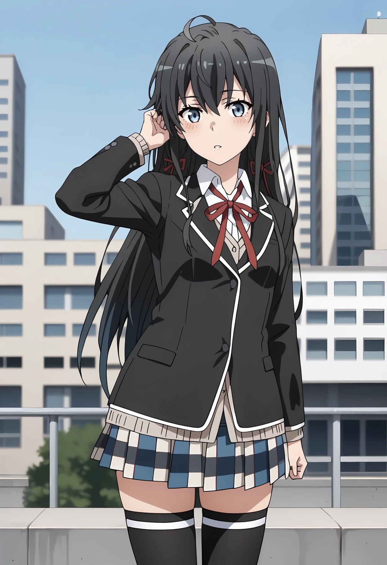 anime screencap,
<lora:YahariOreNoSeishunLoveComedy_YukinoshitaYukinoXL:0.9>,
1girl, solo, parted lips, blush, adjusting hair,
long hair, black hair, blue eyes, hair between eyes, ahoge, hair ribbon,
YukinoSchool, blazer, black jacket, collared shirt, white shirt, brown cardigan, neck ribbon, red ribbon, long sleeves, plaid skirt, pleated skirt, multicolored skirt, black thighhighs, skindentation,
thigh gap, cowboy shot, standing, looking at viewer,
rooftop, school, city, outdoors, blurry background