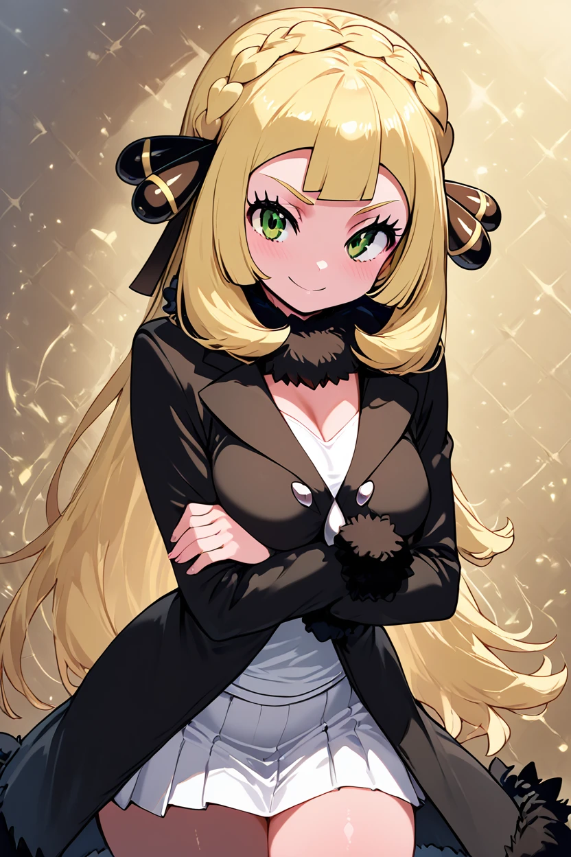 score_9, score_8_up, score_8, medium breasts, (curvy), cute, eyelashes,       ,,, ,  zzCLillieCitron, green eyes, blonde hair, hair ornament, hair ribbon, long hair, long sleeves, fur trim, braid, coat, white skirt, white shirt, black coat, lillie (pokemon),  <lora:CynthiaLilliePDXL:1>,  , BREAK, smile, looking at viewer, cowboy shot, ,,, embedding:zPDXL, Expressiveh, ,,, <lora:Zankuro_Style_PDXL:0.8> <lora:SDXLFaeTastic2400:0.5>, <lora:Expressive_H-000001:0.4>,