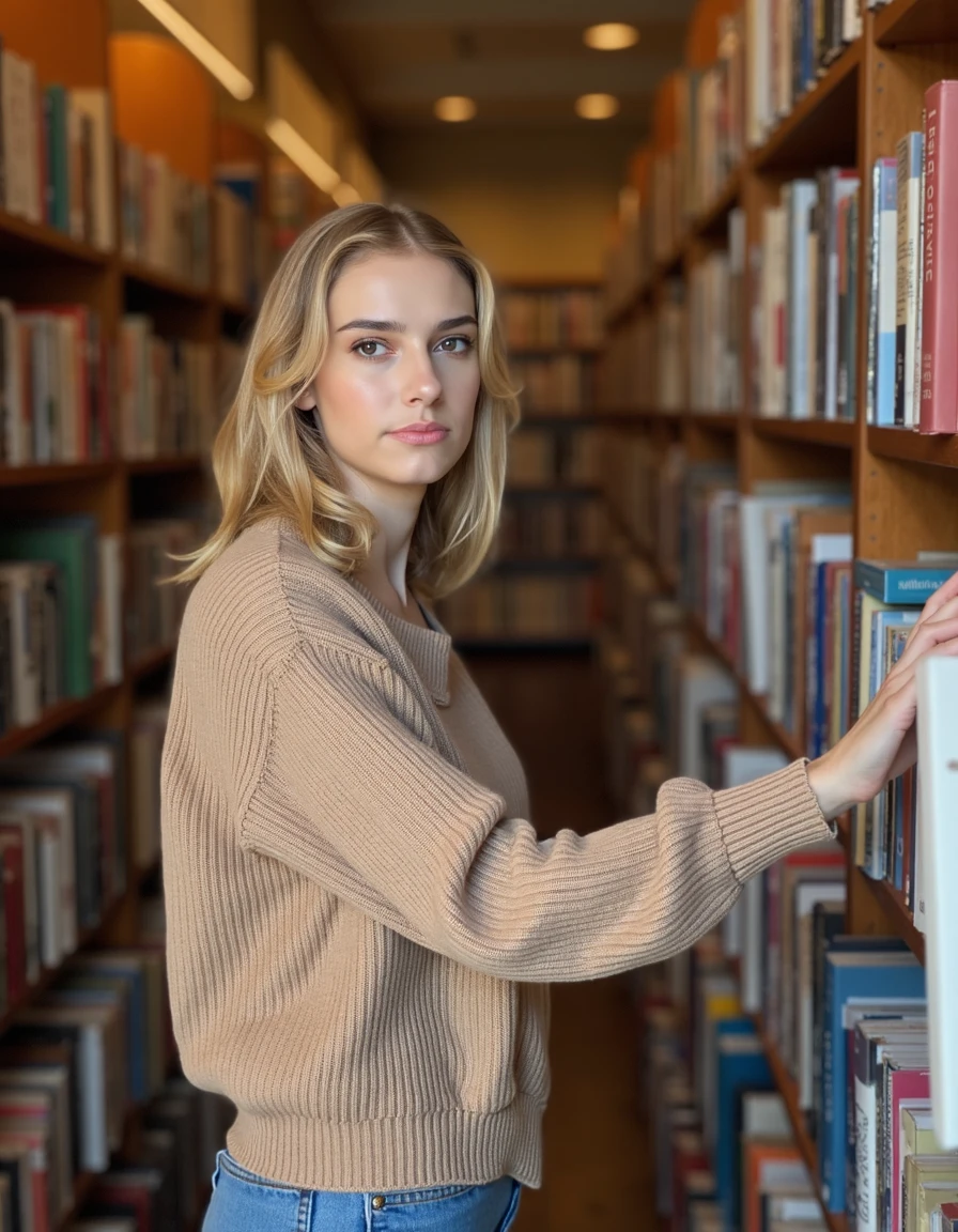 woman,clajame,blonde,Browsing a bookstore wearing a light brown cardigan, <lora:clajame-000008:1>