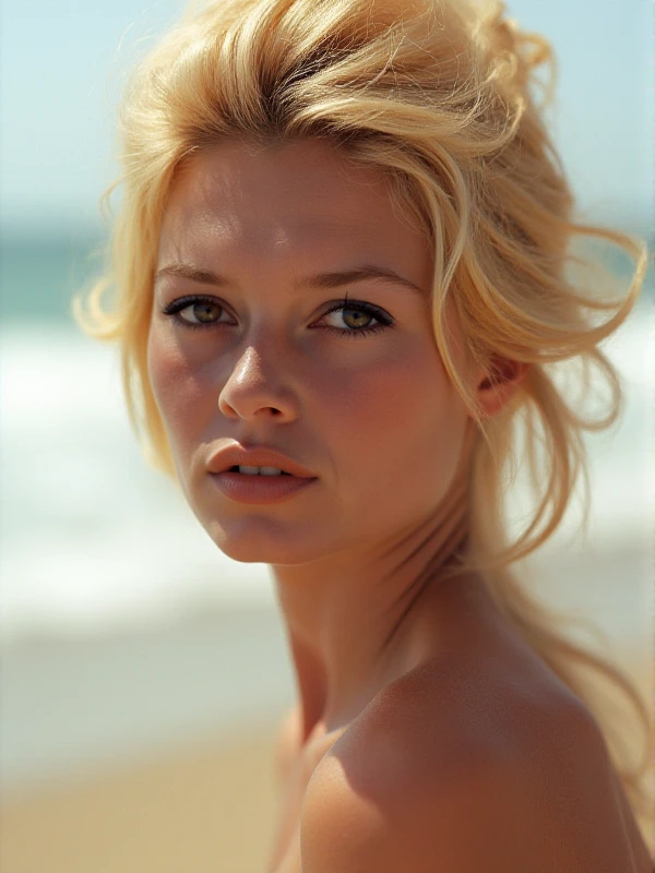 <lora:Brigitte_Bardot:0.9> brigitte bardot, woman, blond, hair up. Closeup face portrait. Beach background