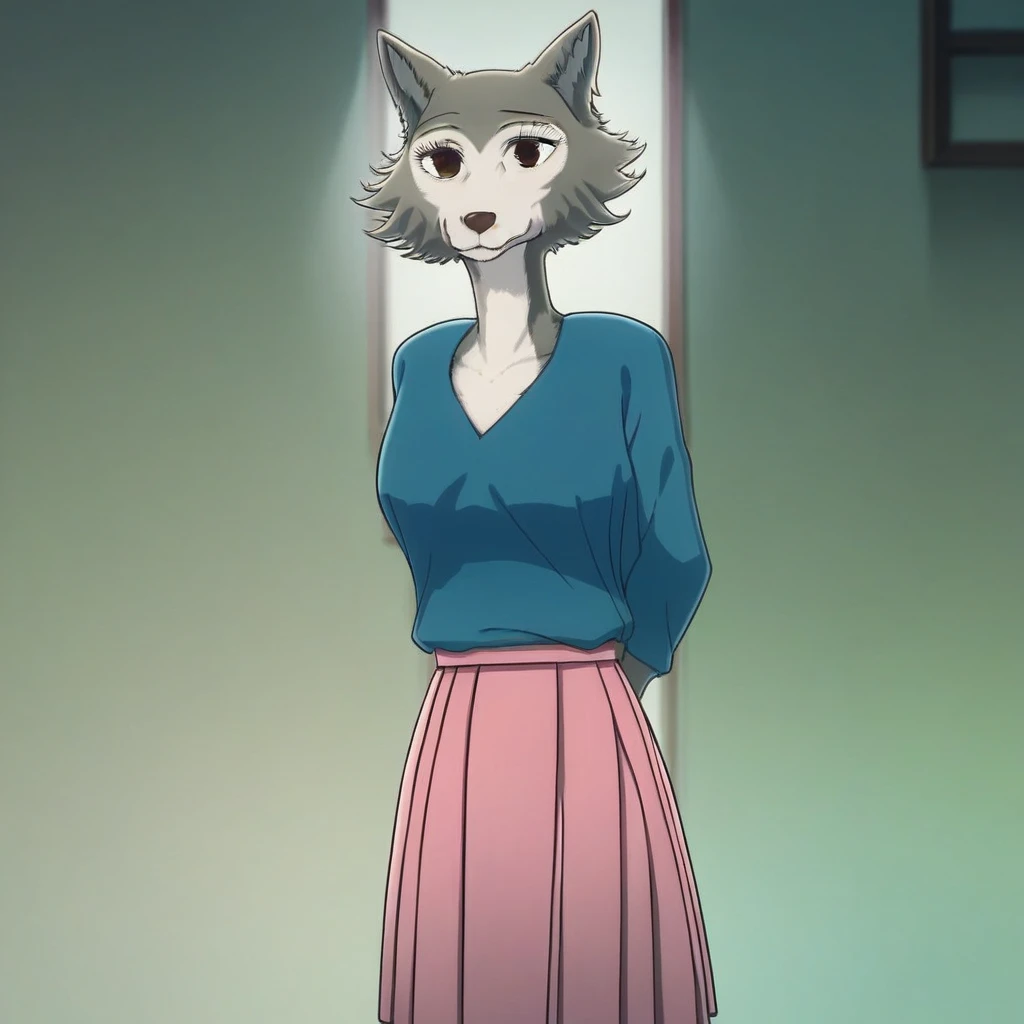 score_9, score_8_up, score_7_up, source_anime, perfect lighting, very aesthetic, intricate details, highly detailed background, high quality, prefect hands, best quality,s, 1girl, solo, leano, beastars, furry, anthro, wolf girl, grey fur, animal nose, wolf ears, brown eyes, standing, blue jersey, pleated pink skirt, standing, arms behind back, looking at viewer, smile, shy, living room, indoors