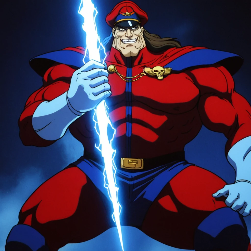 <lora:street fighter style xl v1:0.9>
Mike Bison In 1990's cartoon style a man in red suit uniform with a blue lighting bolt shining through his face, perfect image, perfect body, perfect anatomy, sharp image, detailed image, cinematic cartoon style, high quality cartoon color style, street fighter style, Mike Bison style, M. Bison style, antagonist villain style, closeup, solo, hat, no humans, glowing, blue theme, electricity, lightning, looking at viewer, facial hair, mustache, teeth, parody, clenched teeth, close-up, old man, long hair, skeleton, monochrome, upper body