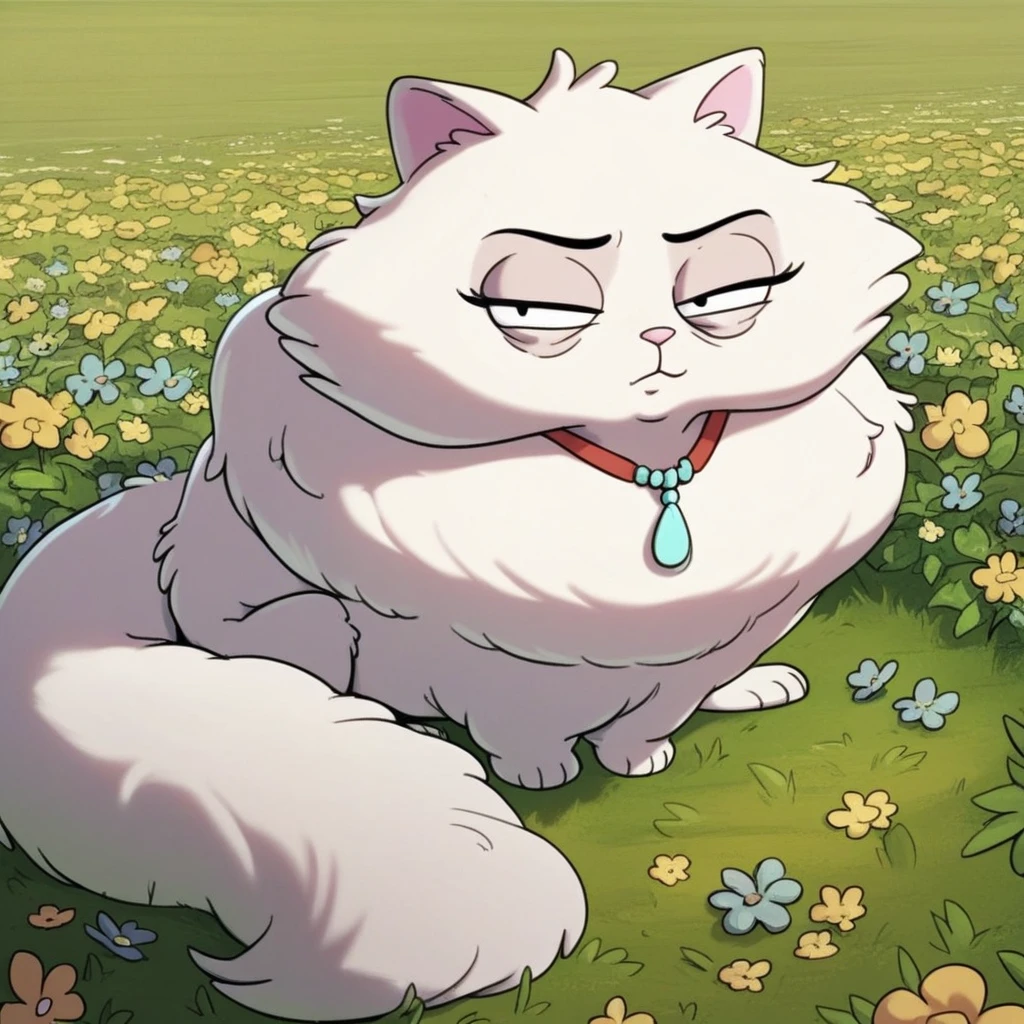 score_9, score_8_up, score_8, score_7, source_cartoon, Solo, 1girl, feral, Persian cat, catgirl, mature female, facial wrinkles, white fur, fluffy fur, fluffy tail, long tail, black eyes, small body, stubby legs, sharp teeth, full body, looking at viewer, sitting, eyes half closed, flower field setting,