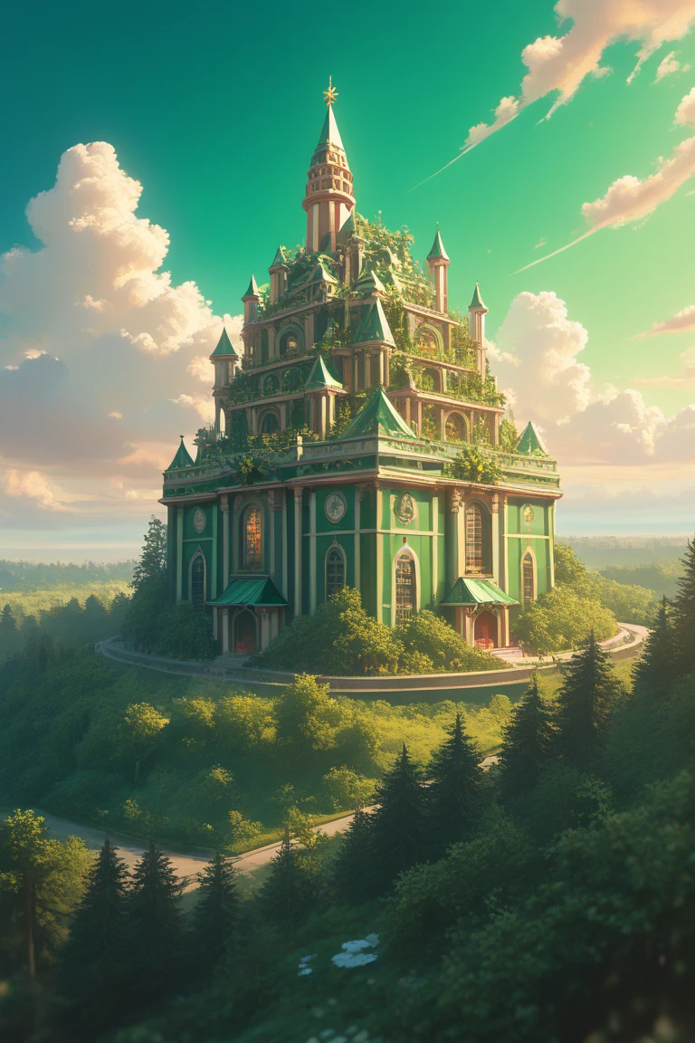 score_9, score_8_up, score_7_up, source_anime, rating_safe, natural lighting, fantasy-gift box structure focus, DaGB, DaGB_architecture, gift box, Nclutter, Mclutter, Lclutter, green theme, outdoors, green sky, cloud, verdant trees, magical forest, scenery, from above, dutch angle, dynamic angle, intricately detailed illustration, atmospheric perspective, depth of field, masterpiece, best quality, amazing quality, very aesthetic, absurdres, newest, anime screencap