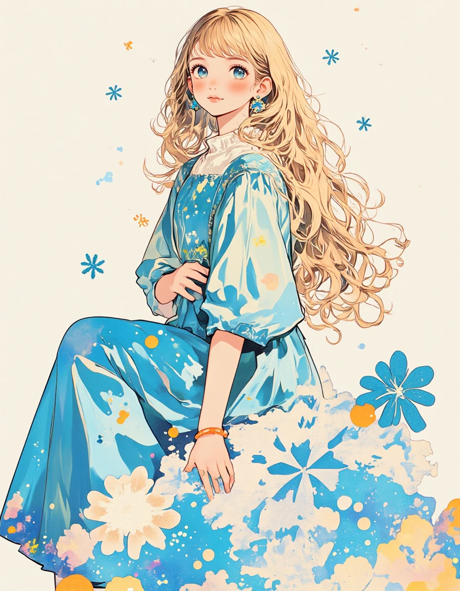 <lora:n1j1-5-12:1> manga  illustration in n1j1 style,  ff-collage,  collage art of girl with very long blonde wavy hair in maxi blue dress, dress is flowing to the floor, descending from sky she is  sitting on a very large shining snowflake delicate features,detailed face, close-up, shining snowflakes white background,  curious expression, nostalgic, gentle, warmth and serenity ,anime style <lora:flux_dev_ff_collage_artstyle:0.5>   <lora:alimama-turbo-flux:1>