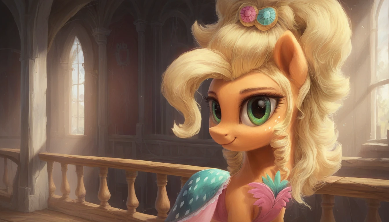 my little pony, ((feral pony))Applejack
<lora:Applejewel:1>a pink dress with a blue pattern and green elements, a lush blond mane with curls, decorated with a hairpin with multicolored stones,
score_9, score_8_up, score_7_up, score_6_up, score_5_up, score_4_up, rating_safe,  an abandoned castle-like building, the room is in semi-darkness and pierced by rays of light shining through the high arched window openings, a wide staircase leading upwards to the altar, the staircase is decorated with an elegant baluster railing. Everything is covered with layers of dust and covered with vegetation,, mlp (( pony, little, )), (high quality, detailed, beautiful), shiny, adorable face, detailed beautiful eyes, realistic, outstanding, contrast, detailed soft lighting, fluff in ears, ((pony,)), (high quality, detailed, beautiful), shiny, adorable face, detailed beautiful eyes, realistic, outstanding, contrast, detailed soft lighting, fluff in ears, cinematic vintage photography,