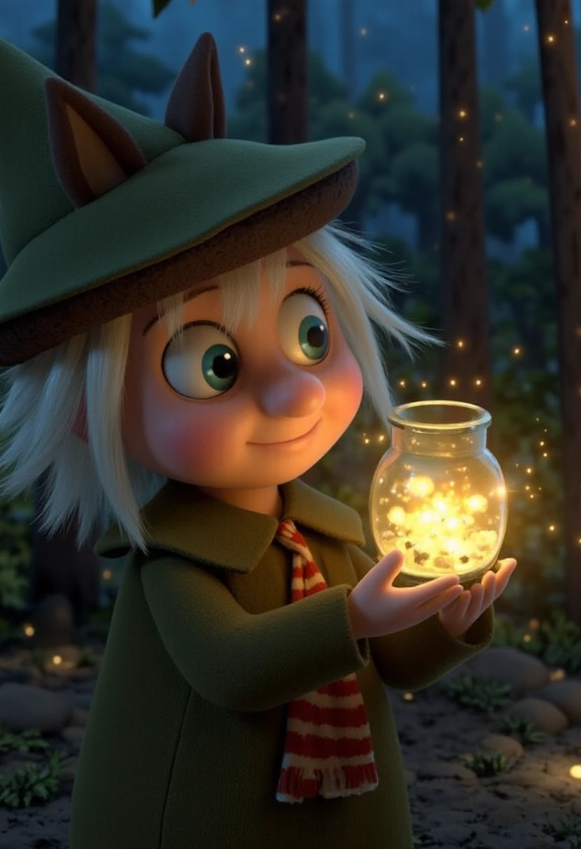 MoominWorld  Little My holding a tiny jar of captured starlight, with the glowing contents casting a warm golden hue onto her mischievous face and creating dramatic contrasts with the dark, cozy surroundings of a nighttime forest clearing.