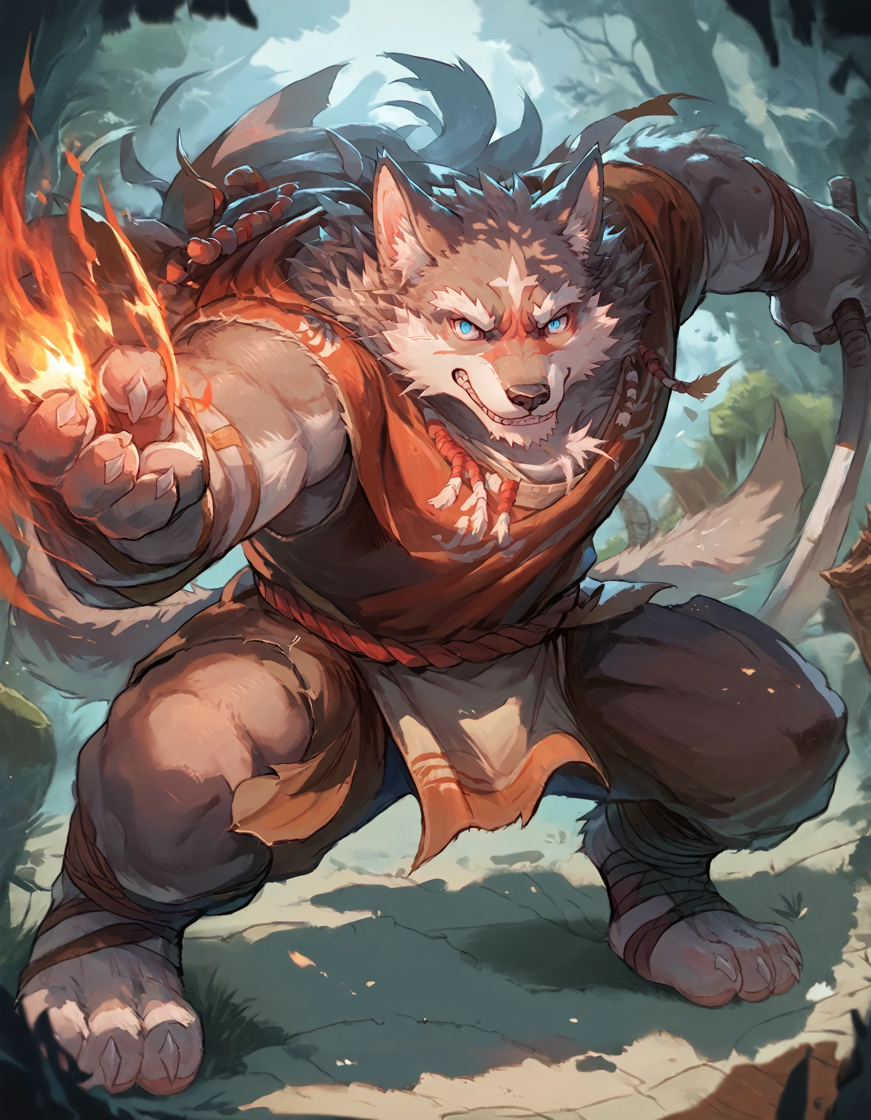 score_9, score_8_up, score_7_up, rating_safe, source_furry, detailed, detailed background, 2D, solo, soft light, fighting stance, BREAK   Eyv1ndXL, bara, anthro, body fur, male, blue eyes, fur, tail, furry, clothed, tribal clothing, fighting stance, smirk  embedding:zPDXL3,   <lora:Eyvind_-_Tavern_of_Spear_-_PonyXL.safetensors:1.0>, <lora:fight stance V2.safetensors:1.0>,