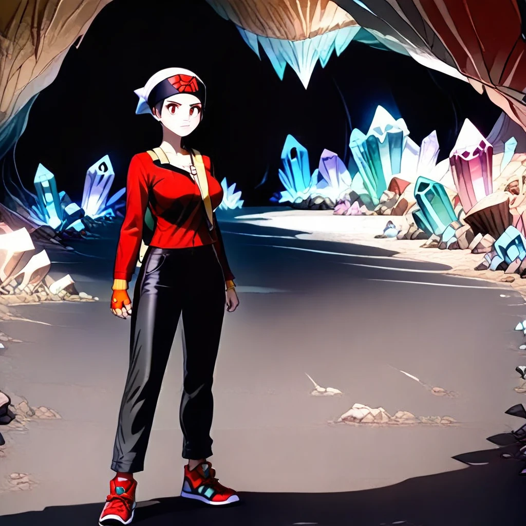 {FemBrendan, ((adult:3.0)), 1woman, adult woman:2.0, solo, full body render, pixie cut, large breasts, bag strap in between breasts, brendan_ruby, black hair, red eyes, white beanie, black headband, yellow fingerless glove, long black with red sleeve jacket, red with black sneakers, black pants, yellow backpack, } Cryscavemb, crystal, cave, crystal cavern, crystals,  4kFacePonyXL, 3DMM,