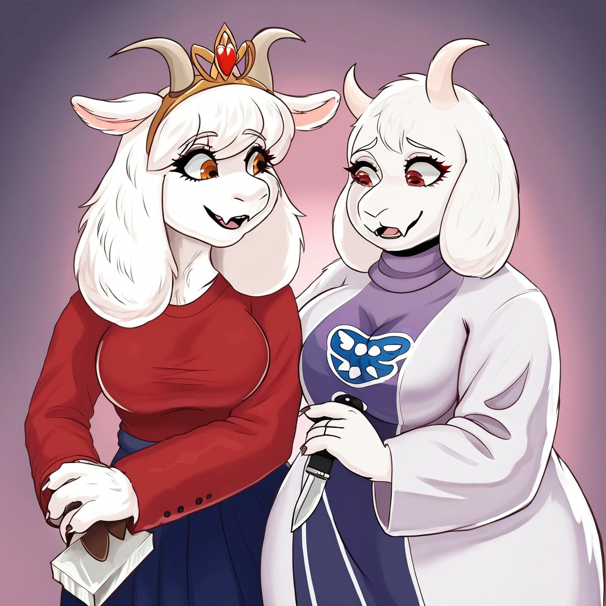 mother_goat_mlg,goat, goat girl, furry, furry female, mature, mature female, big tits, tall,
2girls, duo, 2 goat girls toriel and mariko using weapons,
toriel uses a purple robe with white sleeves and she's chubby and has red eyes,
mother goat uses a red blouse with blue skirt and a tiara with medium white hair  and she's skinny and tall and has orange eyes,
weapons,knife, grim,evil grim,
( art by damao yu ) ,,
 <lora:Toriel_Undertale_Pony_SDXL:0.1> toriel_undertale, 
<lora:Mother_Goat_My_Little_Goat:1.2> mother_goat_mlg