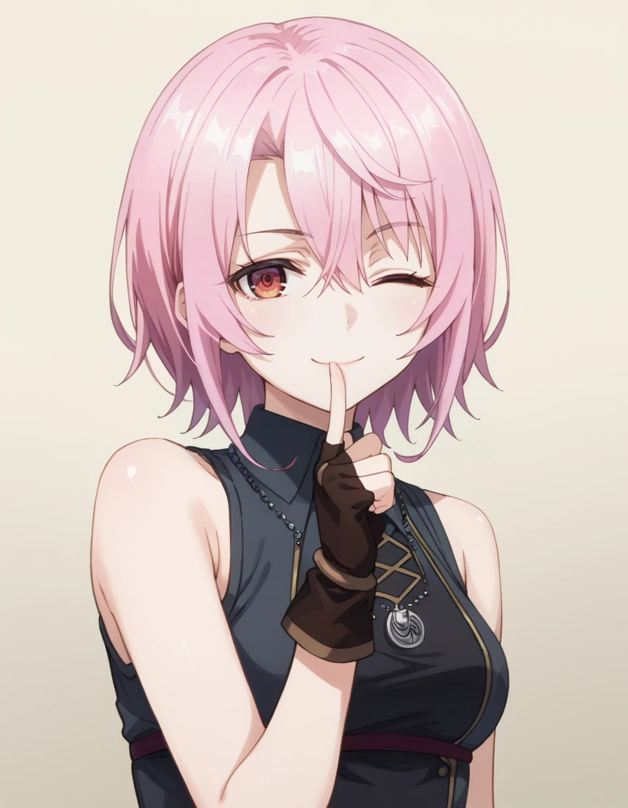 score_9, score_8_up, score_7_up, source_anime, BREAK
1girl, solo, looking at viewer, gradient background, light smile, upper body, teen,
sitri smart, short hair, pink hair, asymmetrical bangs, hair between eyes, red eyes,
sleeveless dress, dark gray dress, bare shoulders, necklace, fingerless gloves, finger to mouth, wink,
full body, standing, arms at side, 
<lora:sitri_smart_anime-soralz:1>