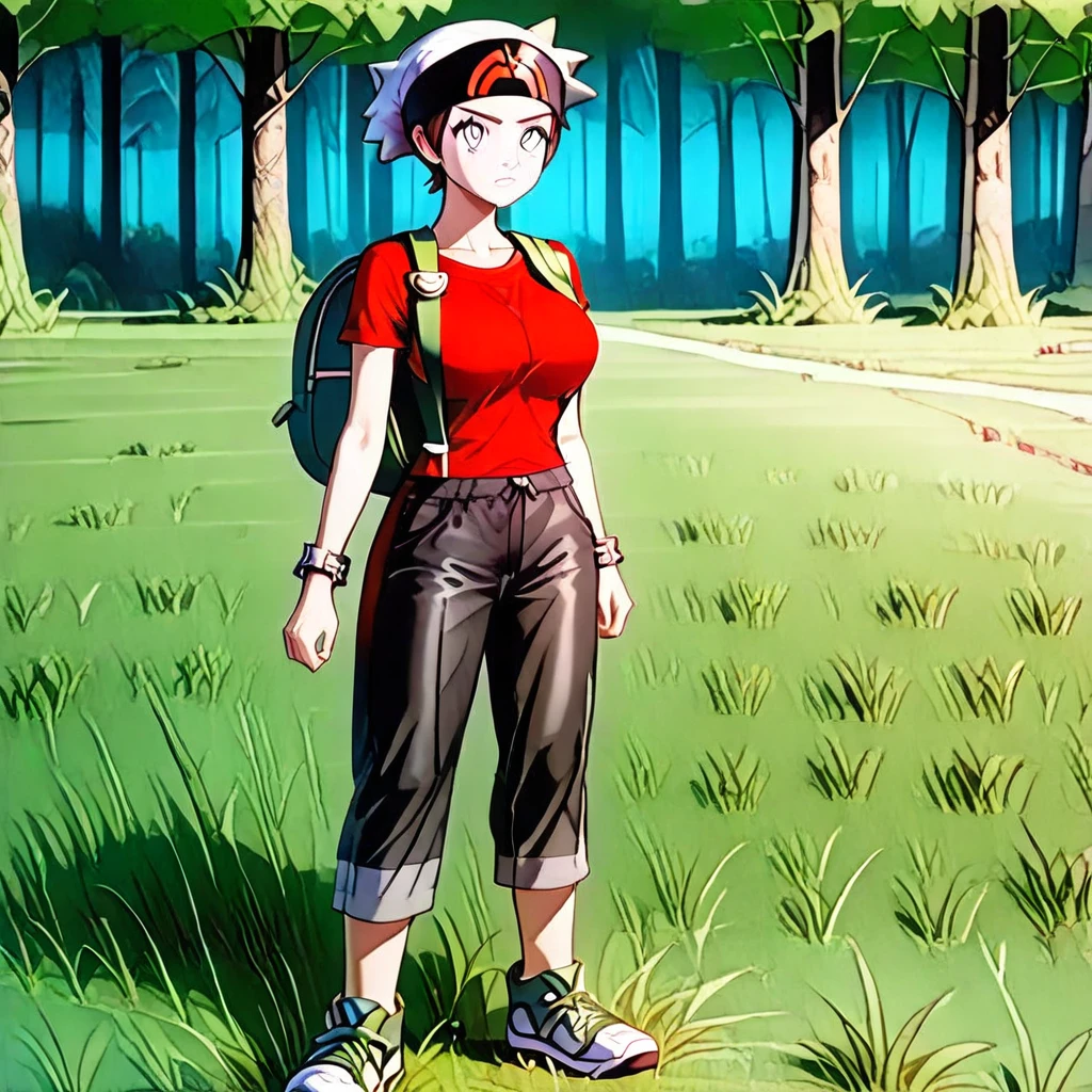 {FemBrendan, ((adult:3.0)), 1woman, adult woman:2.0, solo, full body render, pixie cut, large breasts, bag strap in between breasts, brendan_oras, brown hair, grey eyes, white beanie, black headband, black with red shirt, green with white sneakers, black capri pants, green backpack, bracelet, } Forest, trees, grass, tall grass, worn path, shrubs,  4kFacePonyXL, 3DMM,