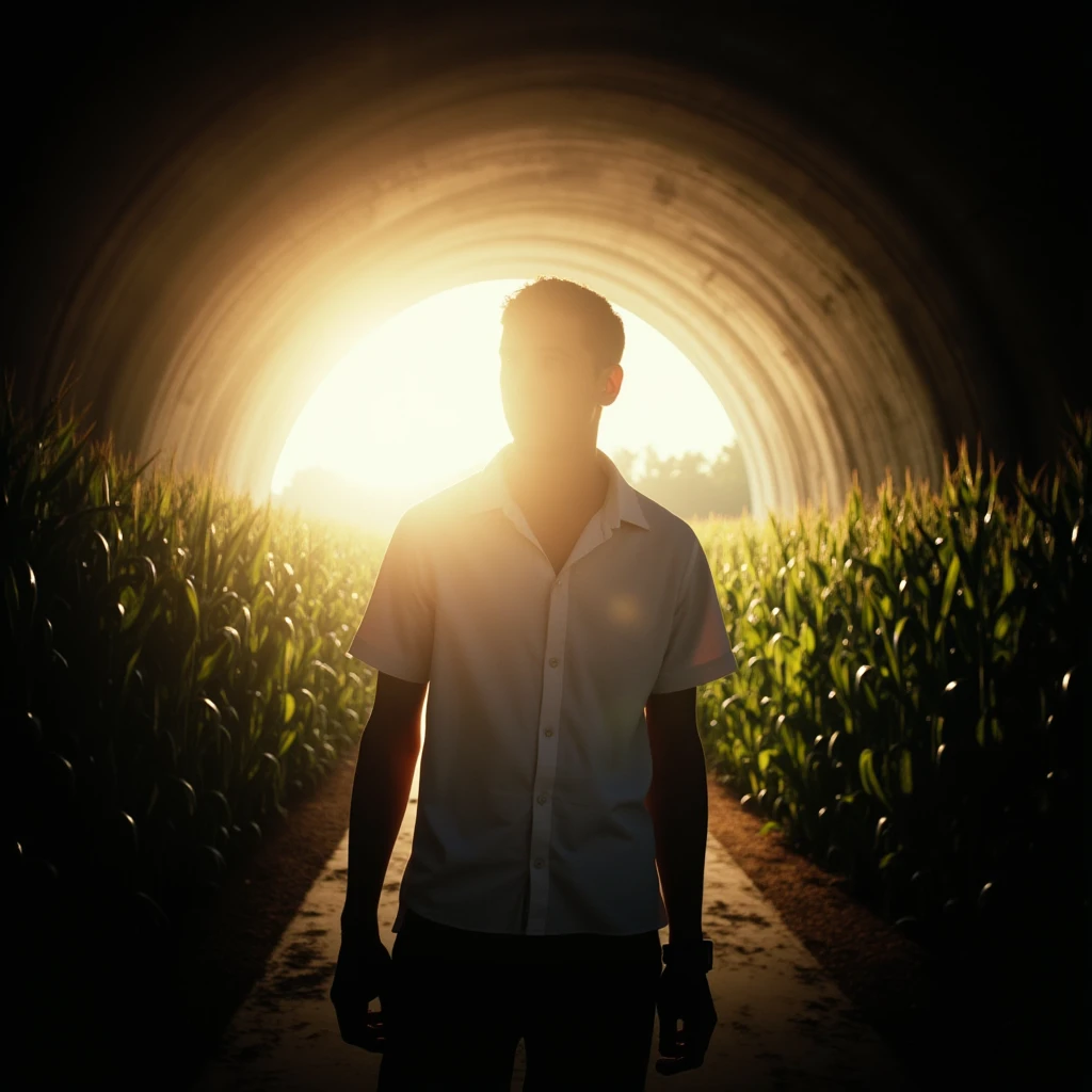 cinematic film still of  <lora:Interstellar style v1:0.7>
In 2067, dystopian science fiction world a man standing in a corn field with the sun shining through the tunnel, solo, shirt, 1boy, white shirt, upper body, short sleeves, male focus, collared shirt, indoors, sunlight, scenery, backlighting, arms at sides, sci-fi, futuristic, movie themed, sharp, detailed, epic cinematic photography, artistic, dramatic light, cinematic color style, Kodak film style, Interstellar style, faceless
, shallow depth of field, vignette, highly detailed, high budget, bokeh, cinemascope, moody, epic, gorgeous, film grain, grainy