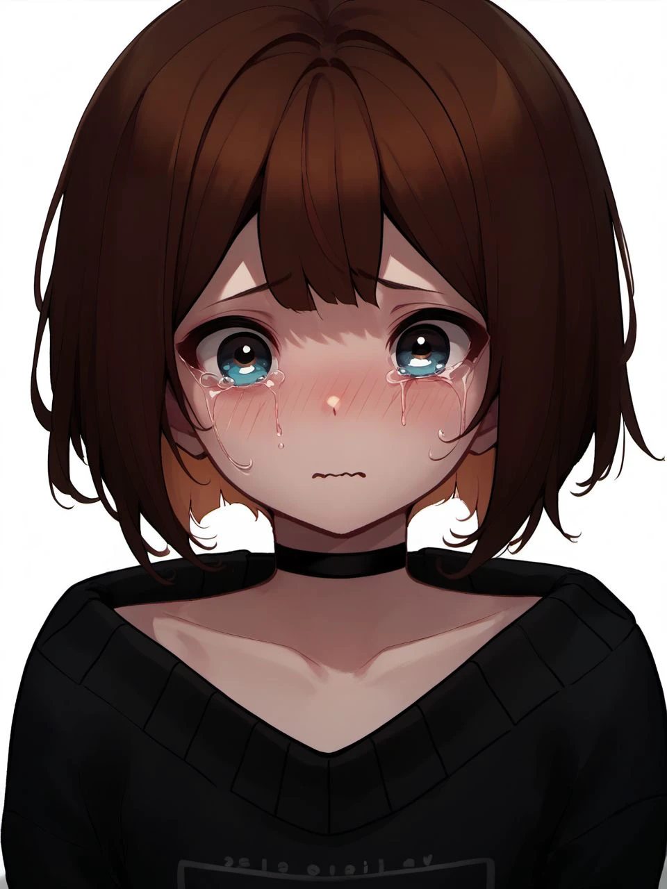 score_9, score_8_up, score_7_up, score_6_up, 
r9k, solo, brown hair, white background, choker, simple background, upper body, tears, sweater, black choker, short hair, crying, collarbone, black sweater, looking at viewer, otoko no ko, trap, 1boy,
<lora:R9K_-_Robin_Character_Lora-000002:0.9>,