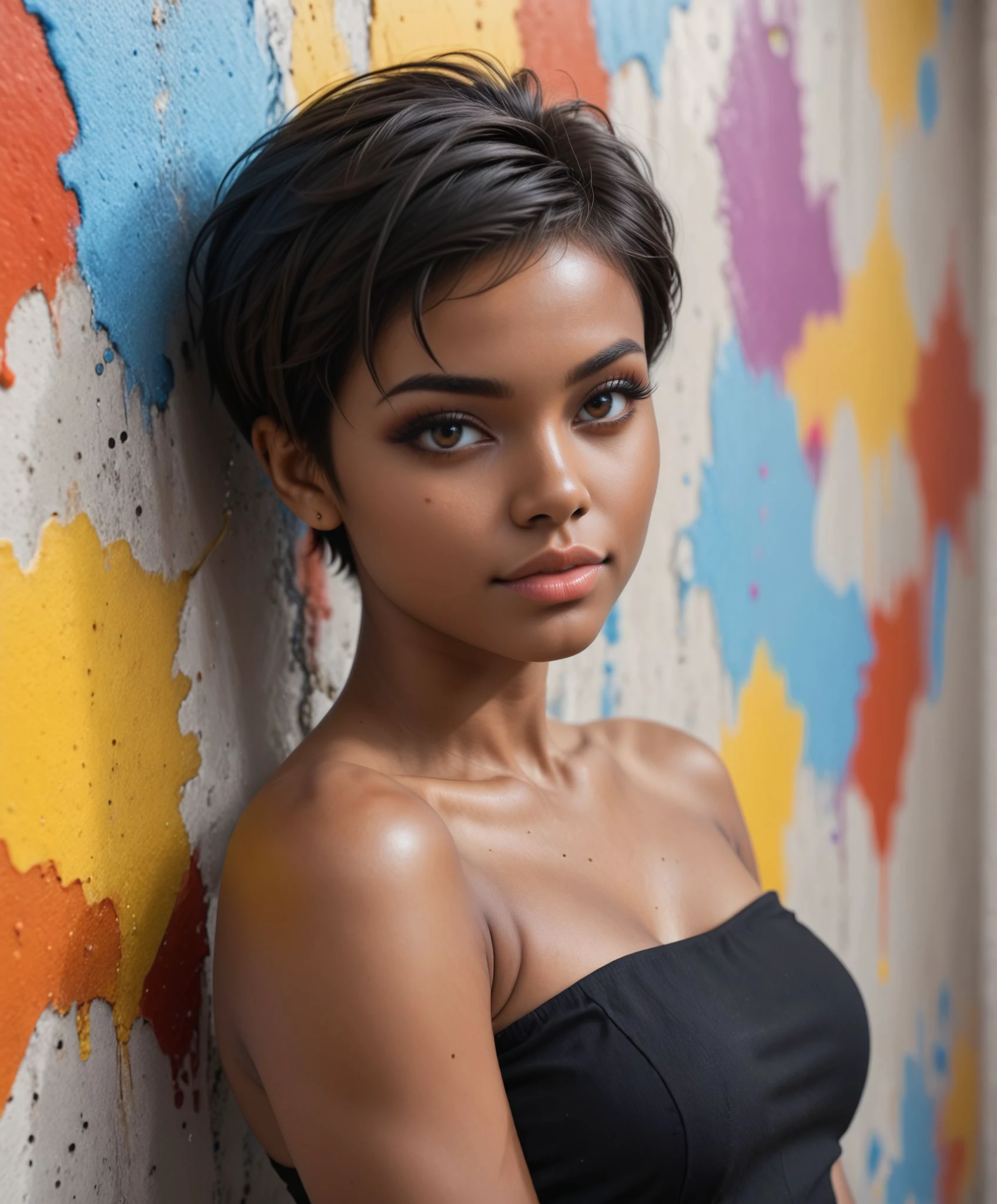 Tia tem um corpo bastante esguio. Ela tem cabelo preto, Ela tem longos cabelos ondulados, ela tem grandes olhos castanhos claros, humor diferente com, mostrando decote, close-up em ouro branco leitoso e toalha rosa, grande angular em um banheiro de alta classe, anatomia perfeita, ilustrativo, pictorial, detalhado , Desenho UHD, Caneta e tinta, Perfect composition, beautiful detalhado octane rendering, intricate and incredibly detalhado trending on artstation, Fotografia de belas artes 8k, arte conceitual fotorrealista, suave natural, decote exposto, Seios grandes, qualidade superior, Muitos detalhes, perfectly adjusted Pure focus Sharp and realistic