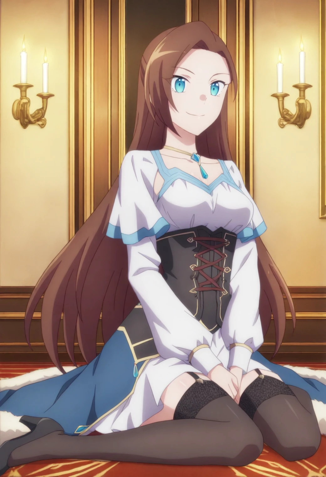 <lora:Catarina Claes - [My Next Life as a Villainess] - illustriousXL v1:1>, sysdeep_catarina, long hair, light blue eyes, brown hair, candlelit chamber, sitting on fur rug, corset and stockings, warm and inviting ambiance