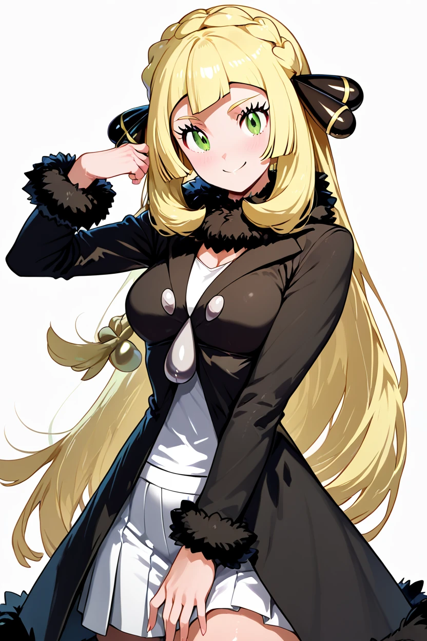 score_9, score_8_up, score_8, medium breasts, (curvy), cute, eyelashes,       ,,, ,  zzCLillieCitron, green eyes, blonde hair, hair ornament, hair ribbon, long hair, long sleeves, fur trim, braid, coat, white skirt, white shirt, black coat, lillie (pokemon),  <lora:CynthiaLilliePDXL:1>,  , BREAK, smile, looking at viewer, cowboy shot, ,,, embedding:zPDXL, <lora:theButcherXPDXL:0.8>,