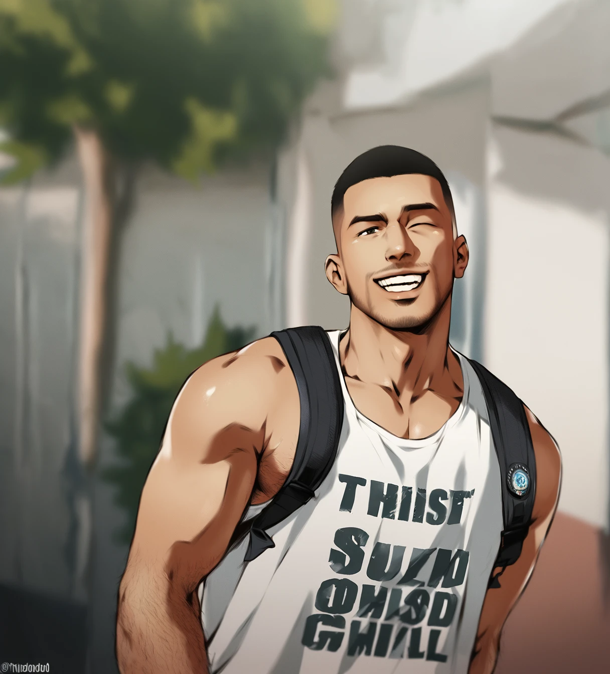 score_9, score_8, score_7, justin_hyungry, solo, looking at viewer, smile, short hair, open mouth, shirt, black hair, 1boy, white shirt, upper body, male focus, one eye closed, teeth, bag, blurry, facial hair, backpack, tank top, very short hair, white tank top, buzz cut, realistic, dizdoodz