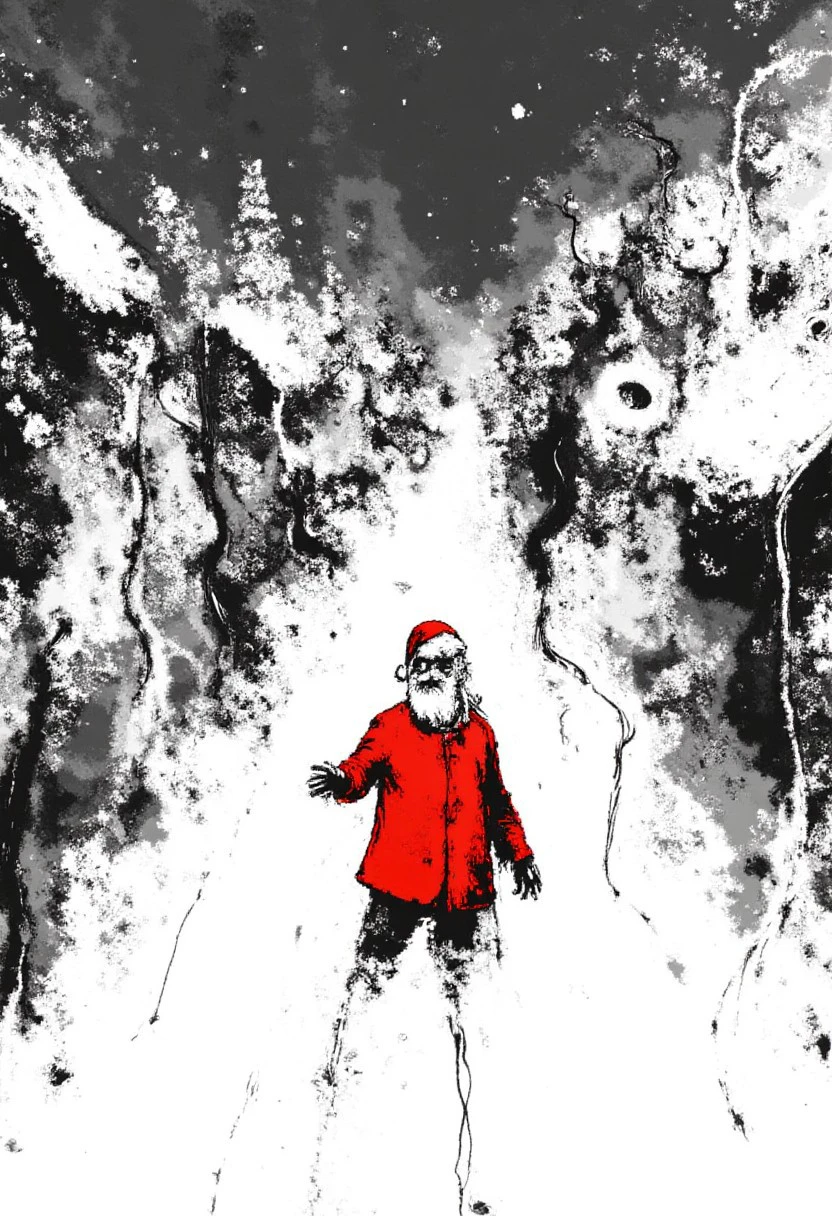 a very Christmas scene image with snow, a black and white pristine town illustration with Santa standing happily in the center, wearing a bight red coat and hat drawn by AmeshinGRIMBLE