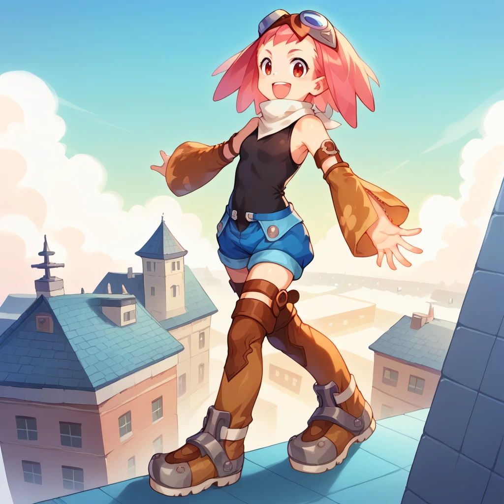 score_9, score_8_up, score_7_up, BREAK best quapoty, absurdres, highres, source_anime, <lora:PDXL_MML3Aero-000007:1> MML3Aero, 1girl, blue short shorts, smile, boots, detached sleeves, goggles on head, full body, open mouth, thighhighs, blue sky, rooftop