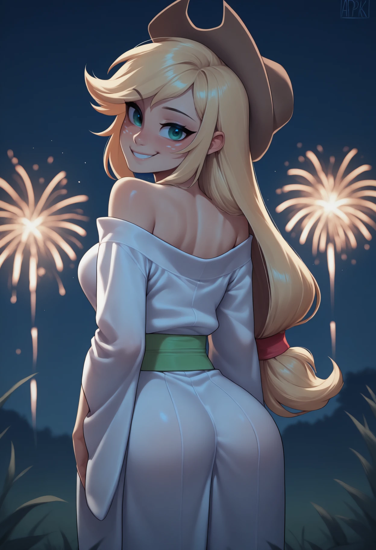 anime, masterpiece, best quality, <break> from behind, solo, 1girl, appl3jack, freckles, smile, looking back, low-tied long hair, blonde hair, ponytail, cowboy hat, green eyes, japanese clothes, white kimono, off shoulder, green sash, bare shoulders, outdoors, night, fireworks
<segment:yolo-Anzhc Face seg 640 v2 y8n.pt,0.4,0.5//cid=1>