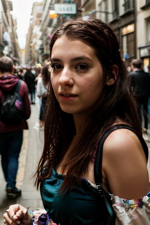 full color picture of a young woman wearing a dress, in a crowded street, natural light, RAW photo, subject, 8k uhd, dslr, soft lighting, high quality, film grain, Fujifilm XT3 <lora:ZendaSexy:0.8>