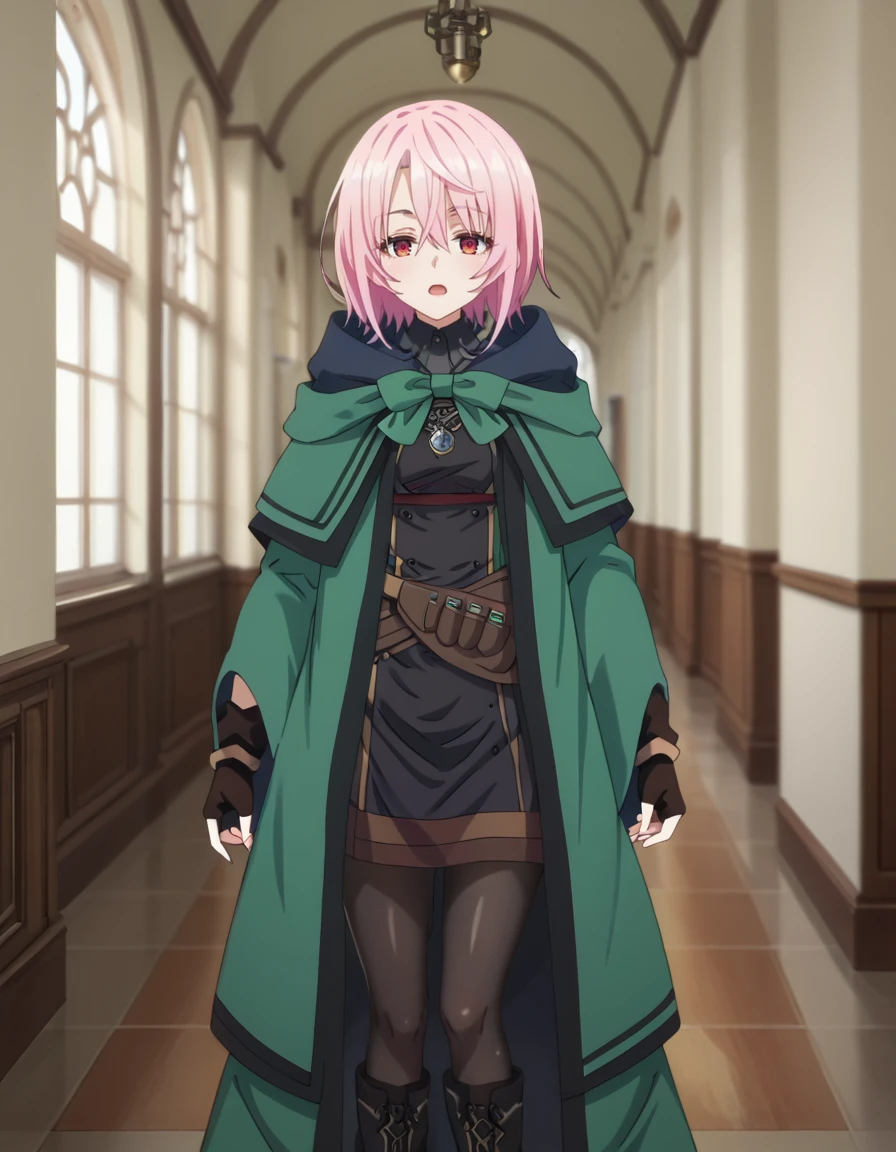 score_9, score_8_up, score_7_up, source_anime, BREAK
1girl, solo, looking at viewer, blurry background, talking, open mouth, blurry, mansion, hallway, interior, window, sky,
sitri smart, short hair, pink hair, asymmetrical bangs, hair between eyes, red eyes
green robe, black dress, bowtie, necklace, long sleeves, fingerless gloves, waist pouch, pantyhose, boots,
full body, standing, arms at side, 
<lora:sitri_smart_anime-soralz:1>