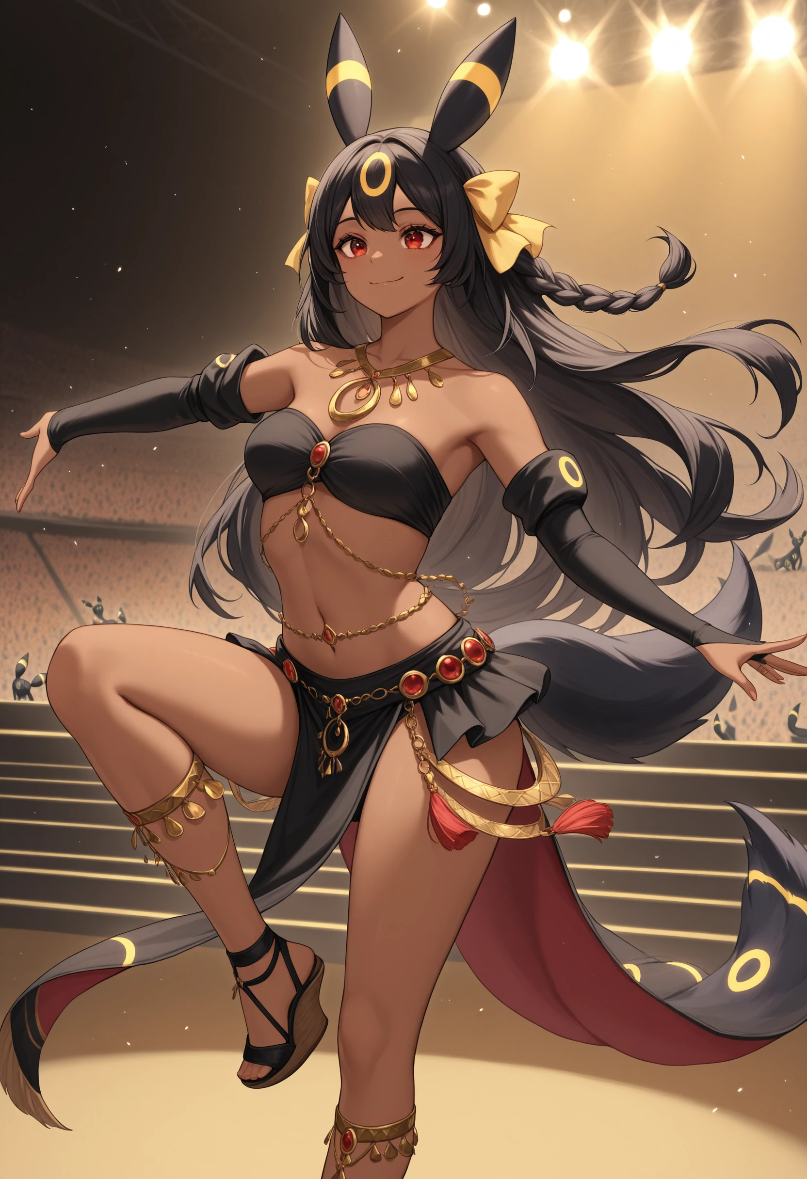 masterpiece, best quality,1girl, solo, portrait, upper body, on stage, concert, stage lights, stadium, dancing, arms out, arms spread, smile, floating hair, floating clothes,  
 umbreon, humanization, animal ears, (tail:1.5),   red eyes, solid circle pupils, dark-skinned female, very long hair, single braid, thick braid, black hair,
dncaf, bandeau, bridal gauntlets, pelvic curtain, gold bow, hair bow, jewelry, bare shoulders, navel, midriff, sandals, leg jewelry,  wedge heels,  (black clothing:1.5),
 leg up, tail raised<lora:Dancers_AttireIL:1>