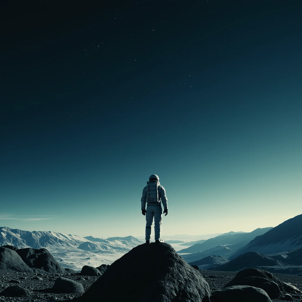 cinematic film still of  <lora:Interstellar style v1:0.5>
In 2067, dystopian science fiction world a man standing on a rock in the middle of a space, solo, 1boy, standing, male focus, from behind, helmet, star (sky), 1other, science fiction, space, planet, sci-fi, futuristic, movie themed, sharp, detailed, epic cinematic photography, artistic, dramatic light, cinematic color style, Kodak film style, Interstellar style, sky, scenery, starry sky, earth (planet), spacesuit, astronaut, shallow depth of field, vignette, highly detailed, high budget, bokeh, cinemascope, moody, epic, gorgeous, film grain, grainy