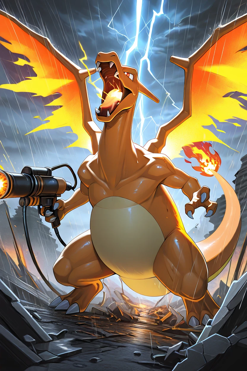 masterpiece, best quality,   <lora:CharizardPokedexIXL:1.0>,   Charizard, no humans, solo,   unleashing a powerful flamethrower, glowing fiery wings, roaring in the rain, stormy sky, lightning illuminating the scene, destroyed battlefield, intense action pose, cinematic atmosphere, highly detailed