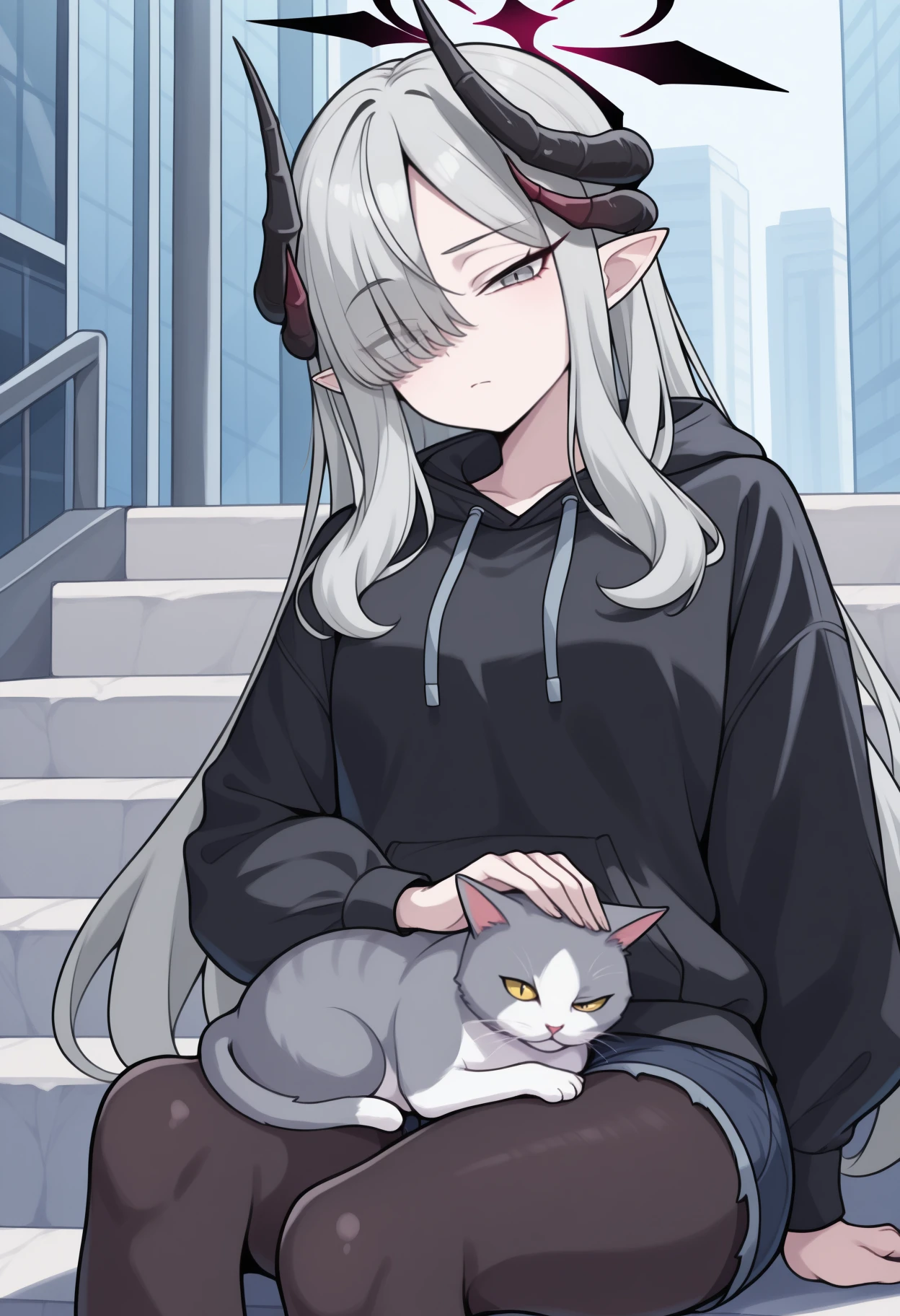 masterpiece, best quality, <break> solo, 1girl, m4kotodef, expressionless, looking at viewer, sitting, stairs, petting, animal on lap, cat, long hair, grey hair, hair over one eye, multiple horns, black horns, demon horns, pointy ears, halo, grey eyes, uneven eyes, raised eyebrow, black hoodie, hood down, drawstring, blue shorts, denim shorts, short shorts, black pantyhose, outdoors, day, city
<segment:yolo-Anzhc Face seg 640 v2 y8n.pt,0.4,0.5//cid=1>