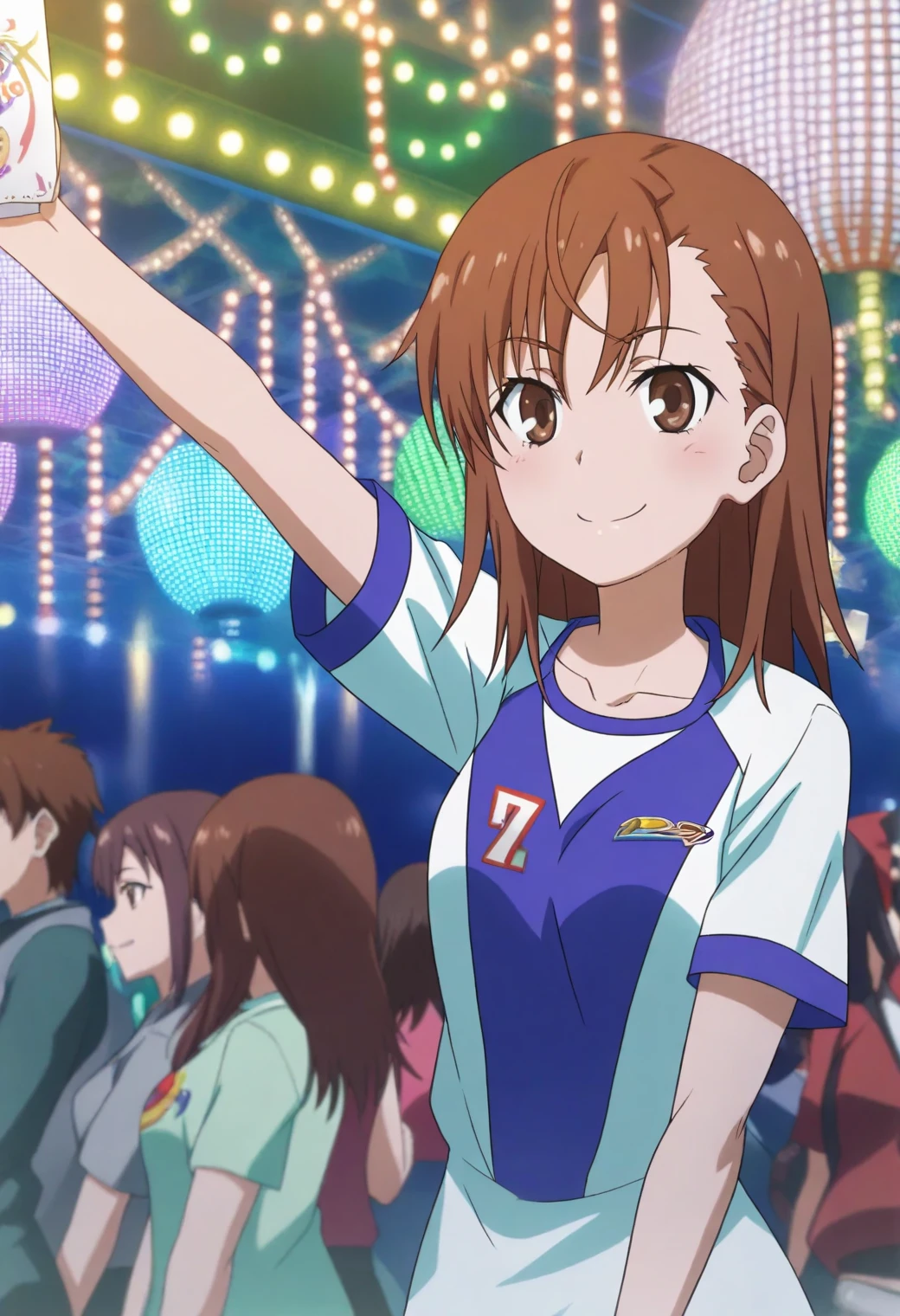 <lora:Mikoto Misaka - [A Certain Scientific Railgun] - illustriousXL v1:1>, sysdeep_mikoto, brown hair, brown eyes, medium hair, carnival game, holding prize, cheerful smile, colorful lights, energetic crowd